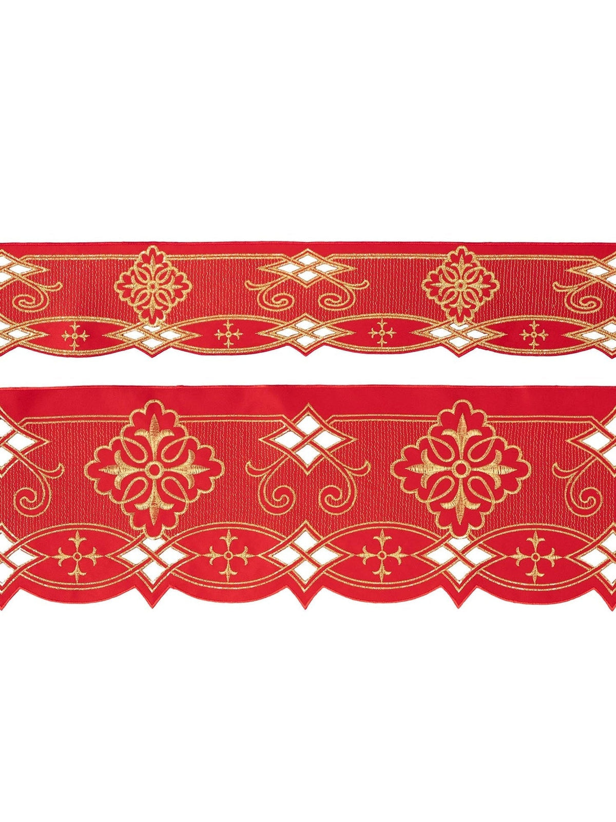 Meter mit Frontstickerei Rosette Rot, rote Borte mit goldener Rosetten- und Rautenstickerei