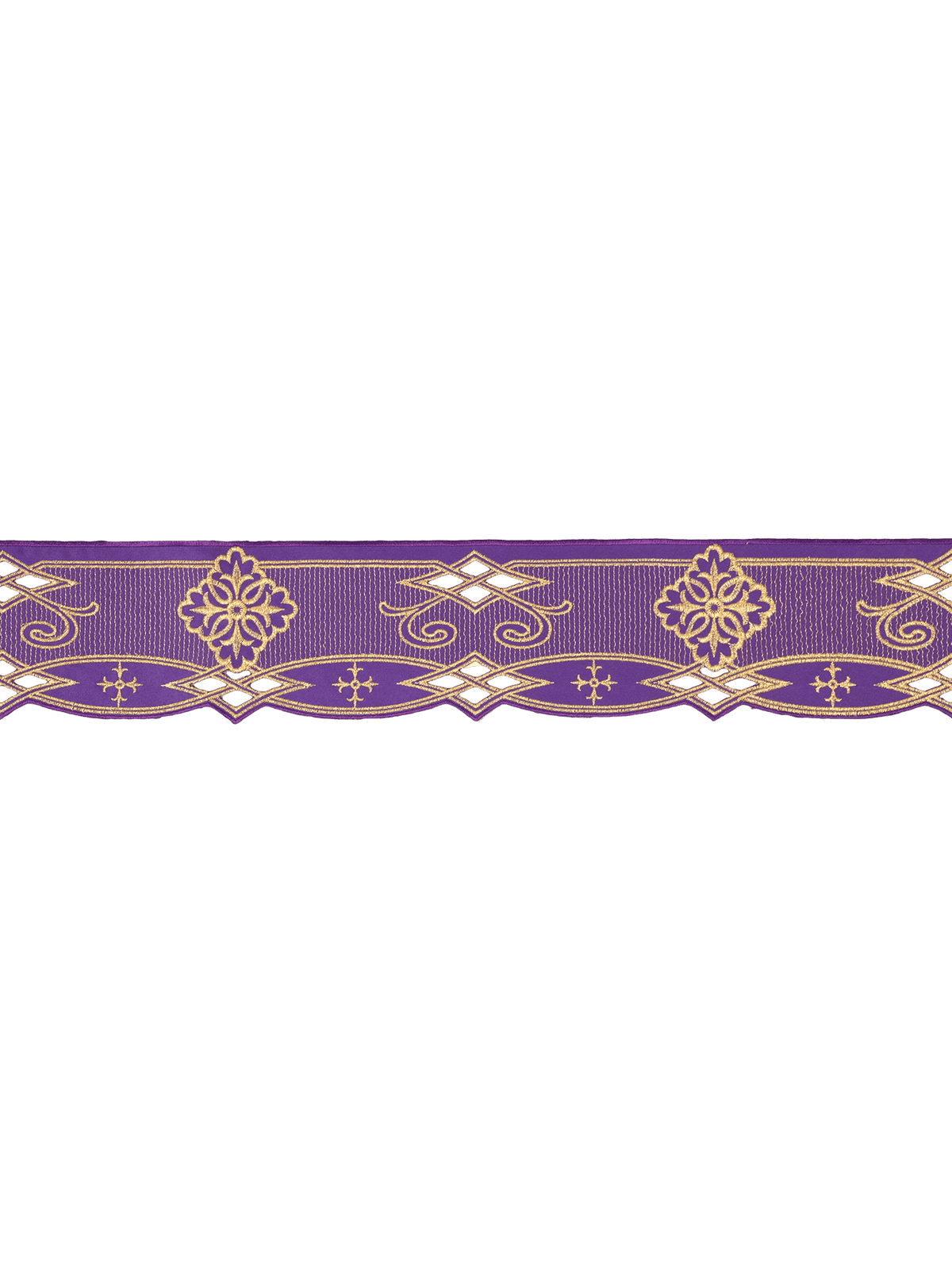 Violettes Meter mit goldener Rosetten- und Rankenstickerei, grün hinterlegte Rauten
