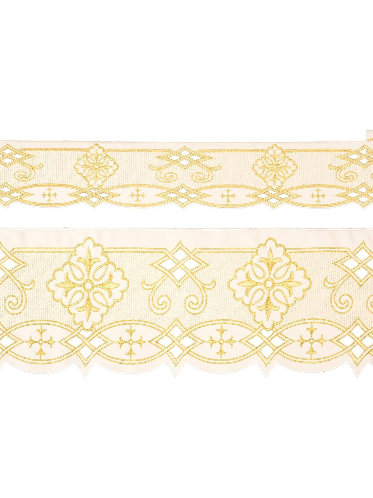 Meterware mit Frontalstickerei Rosette Ecru mit goldener Ornamentstickerei im Überblick