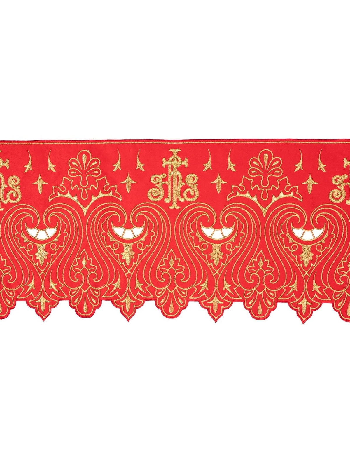 Meter mit Frontstickerei IHS Rot, rote Borte mit goldener IHS-Stickerei und floralen Ornamenten