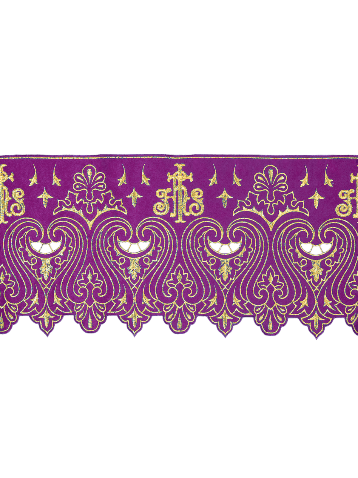 Meter mit Frontstickerei IHS Violett, Gesamtansicht mit goldener Ornamentstickerei und gezacktem Abschluss