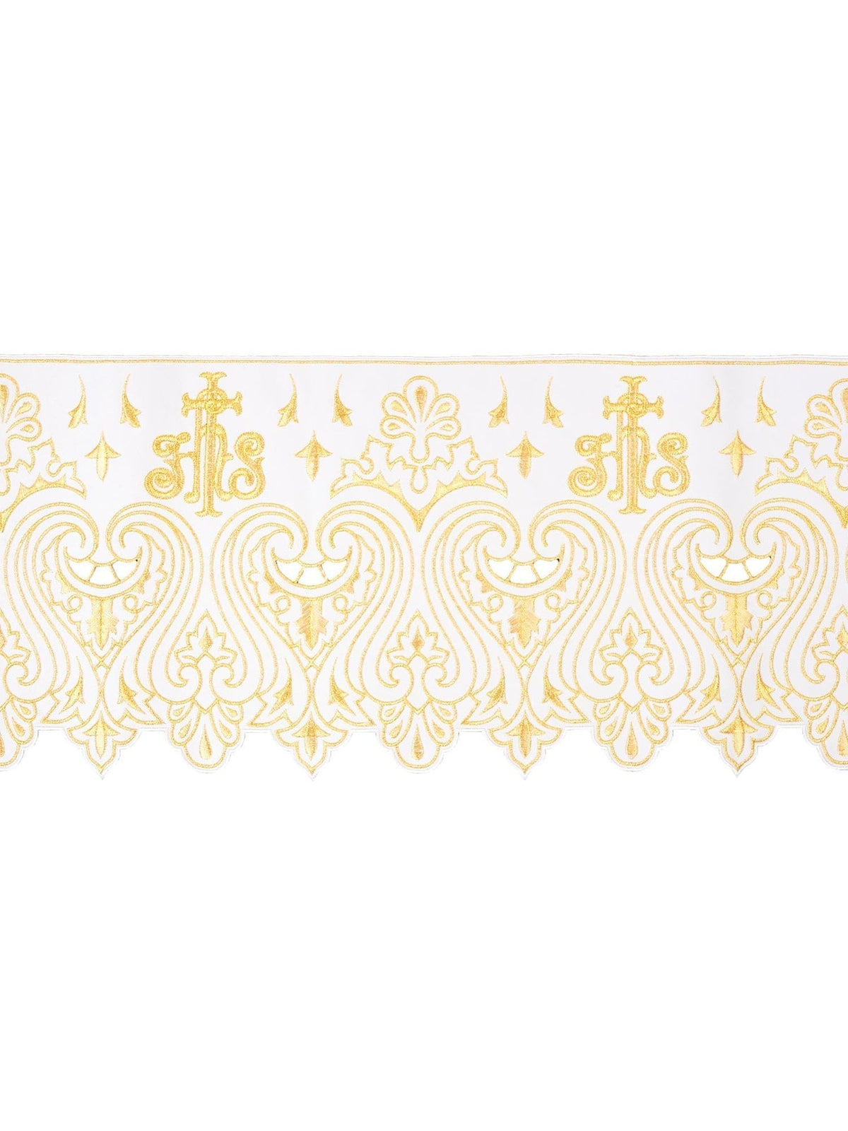 Meter mit Frontstickerei IHS Weiß mit goldener Ornamentstickerei auf weißem Grund