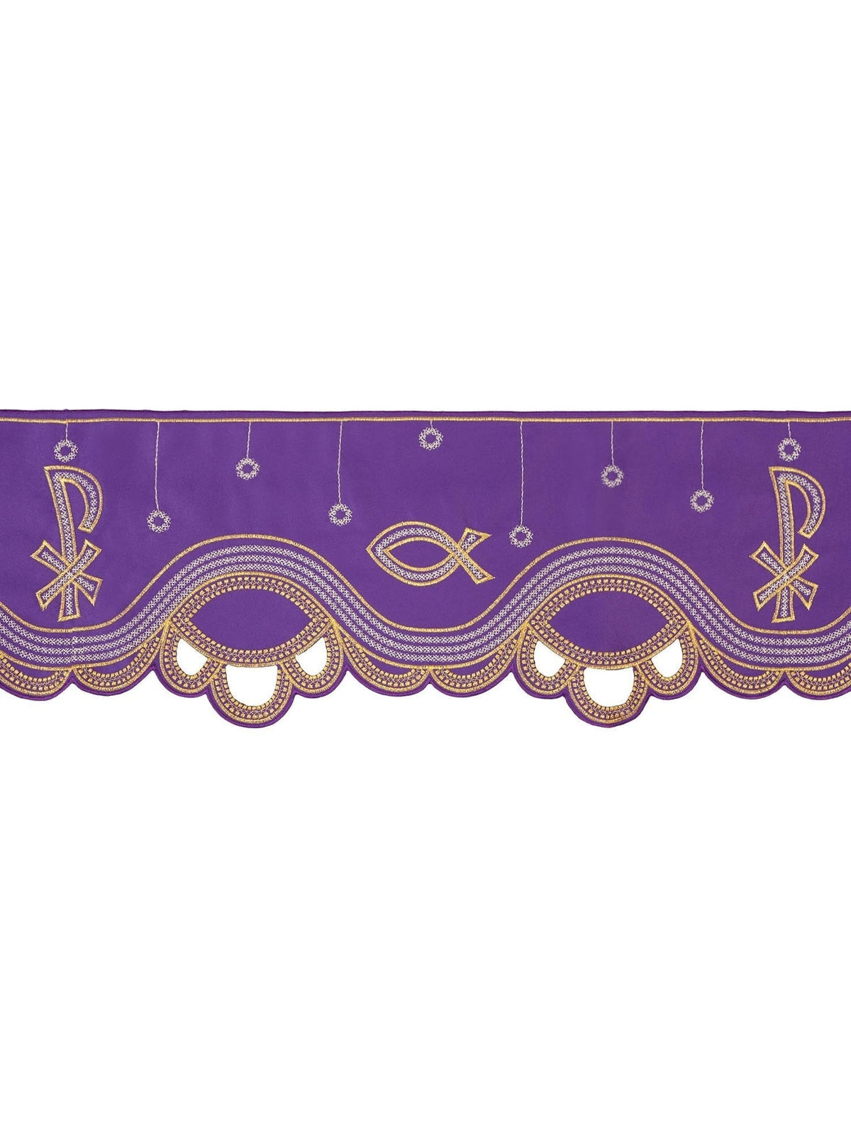 Meter mit Frontstickerei PAX Violett, violetter Stoff mit gold-silberner PAX-Stickerei und Wellenbordüre