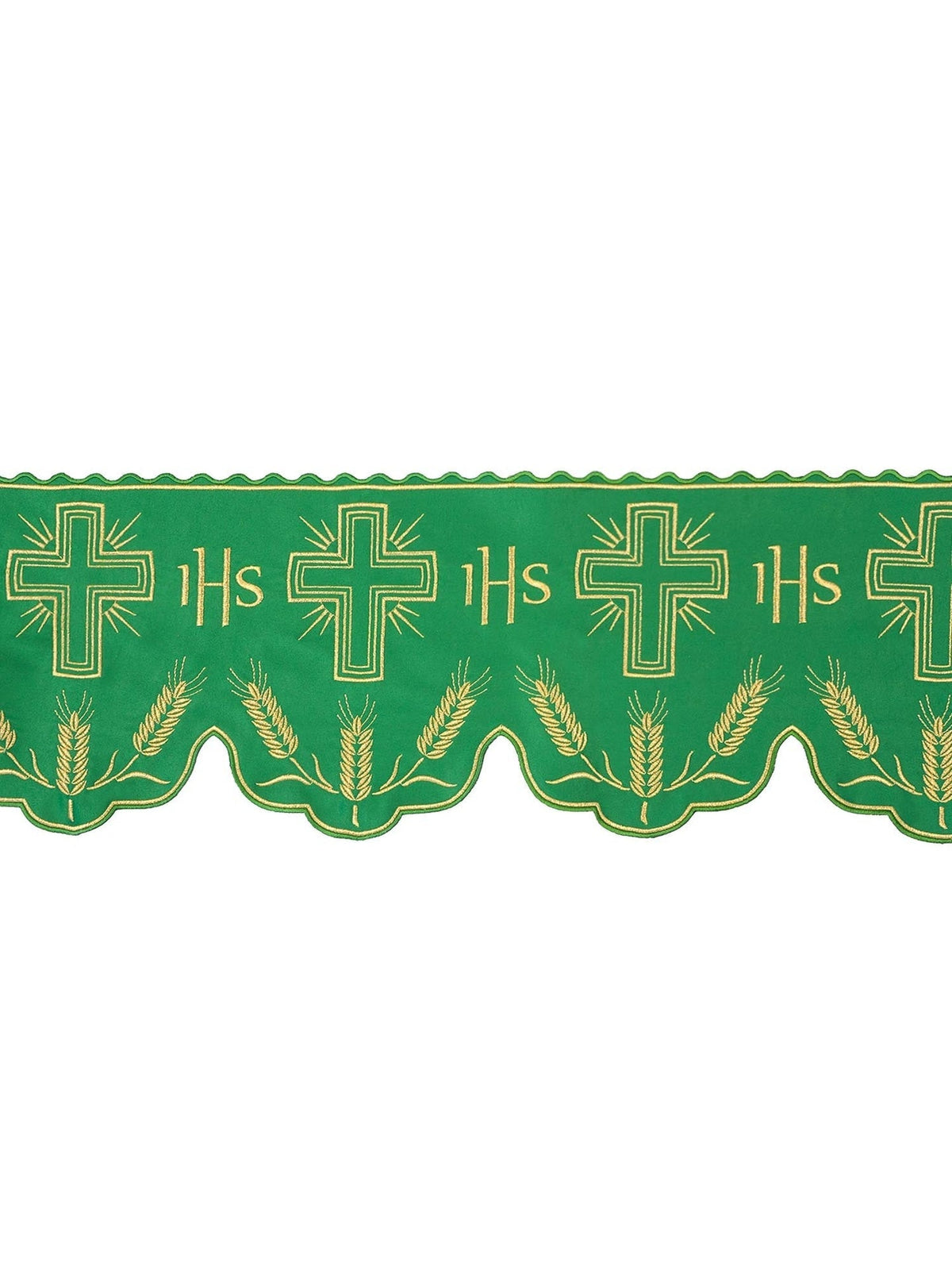 Meter mit IHS-Monogramm in Ecru mit Kreuzmotiv, grünes Band mit goldener Stickerei und gewelltem Abschluss