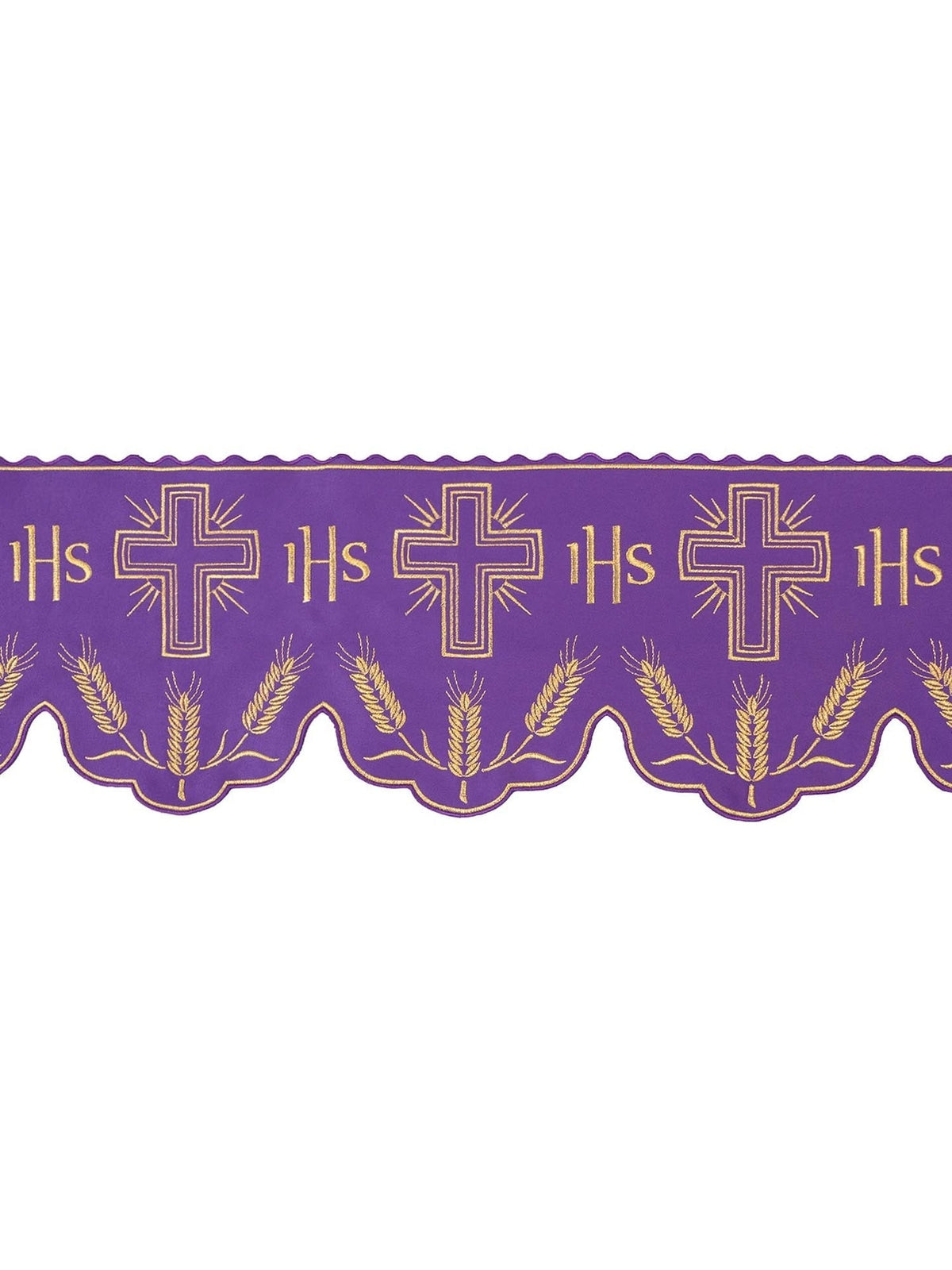 Meter mit IHS-Monogramm in rotem Kreuzmotiv, violetter Stoff mit goldenen Kreuzen, IHS-Monogrammen und Ähren