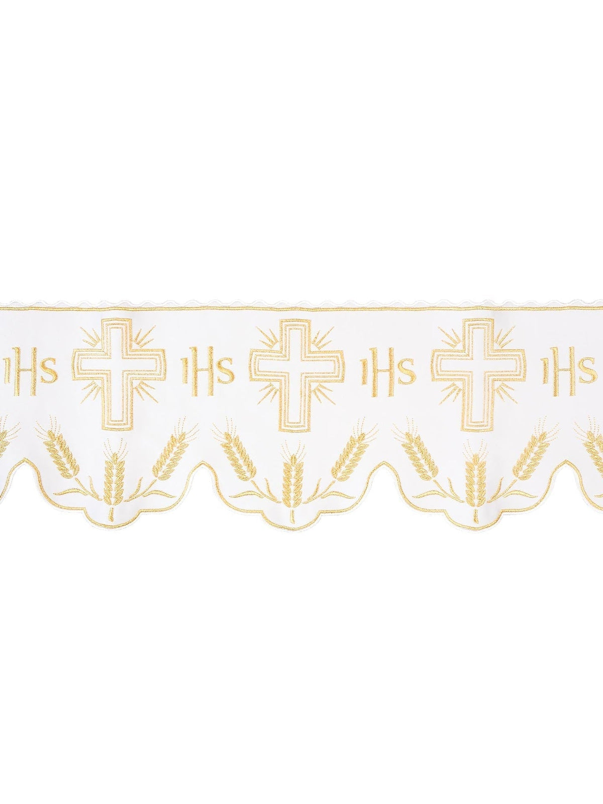 Meter mit IHS-Monogramm in Farbe mit Kreuzmotiv, weißer Stoff mit goldenen Kreuzen, IHS und Ähren
