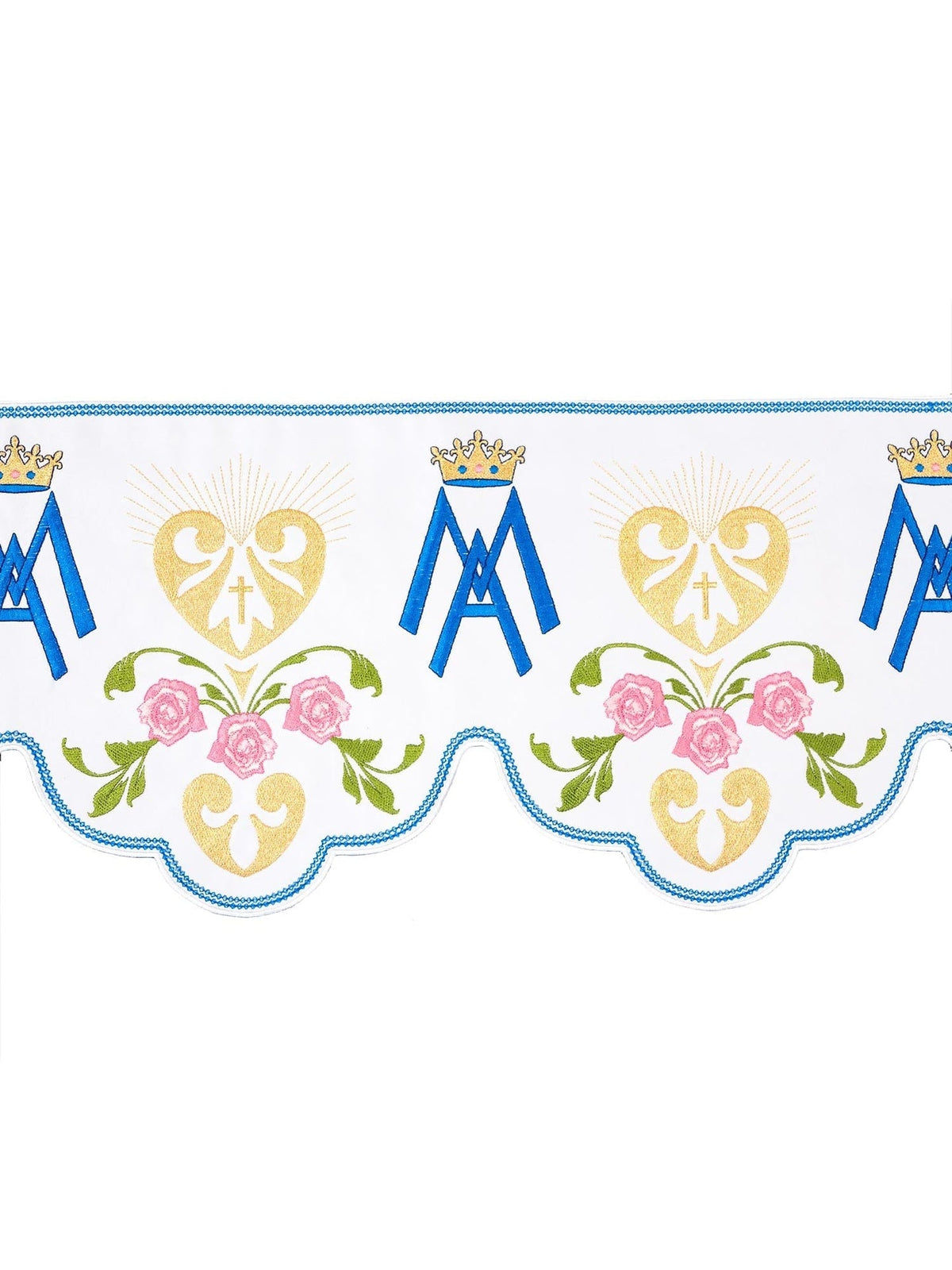 Meterware mit Stickerei auf der Vorderseite mit Marienmotiv Weiß, bestickt mit goldenen Marienmonogrammen, Rosen und blauem
