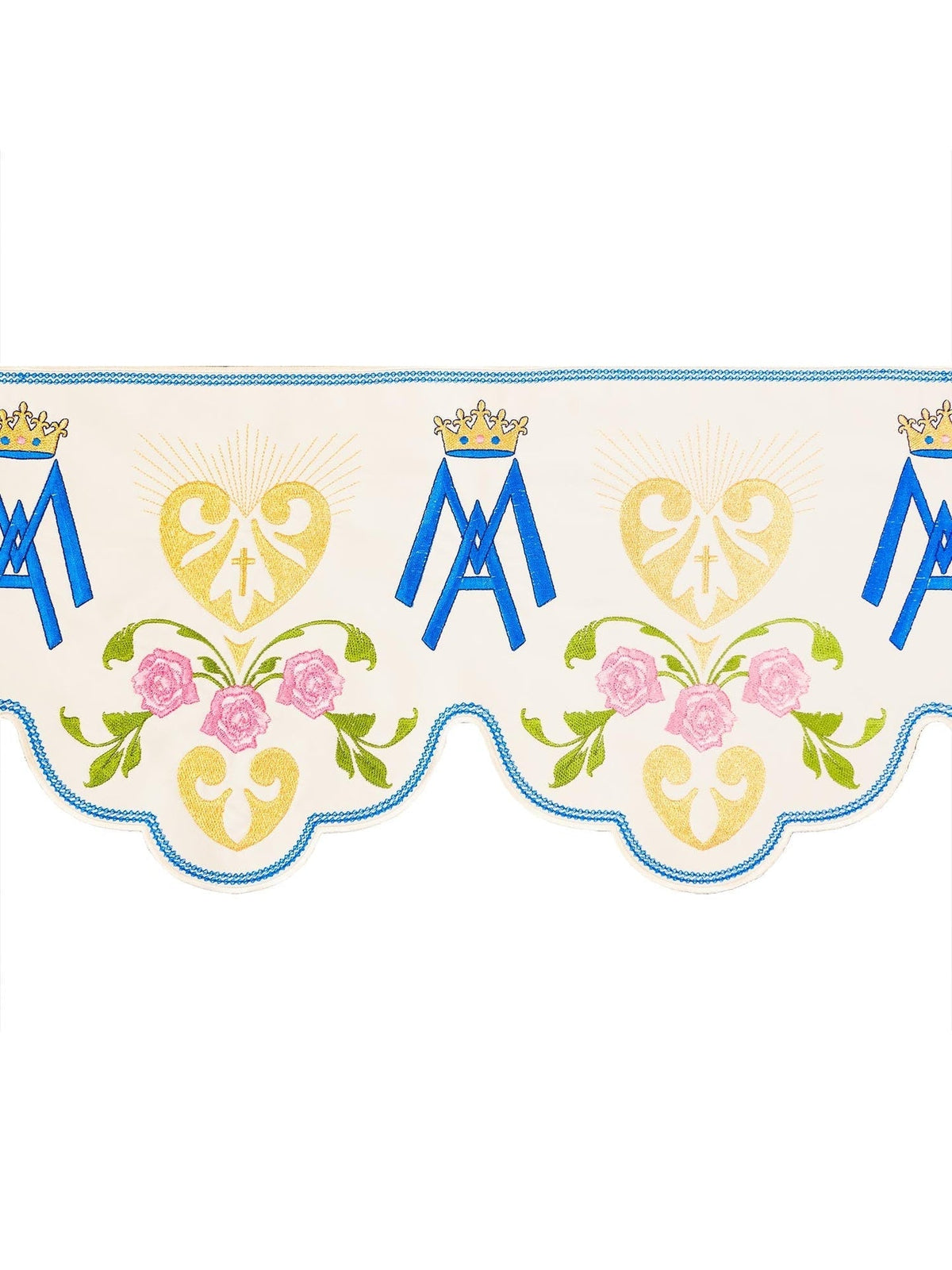 Meterware mit Stickerei auf der Vorderseite mit Marienmotiv Ecru, Gesamtansicht mit wiederholtem Motiv