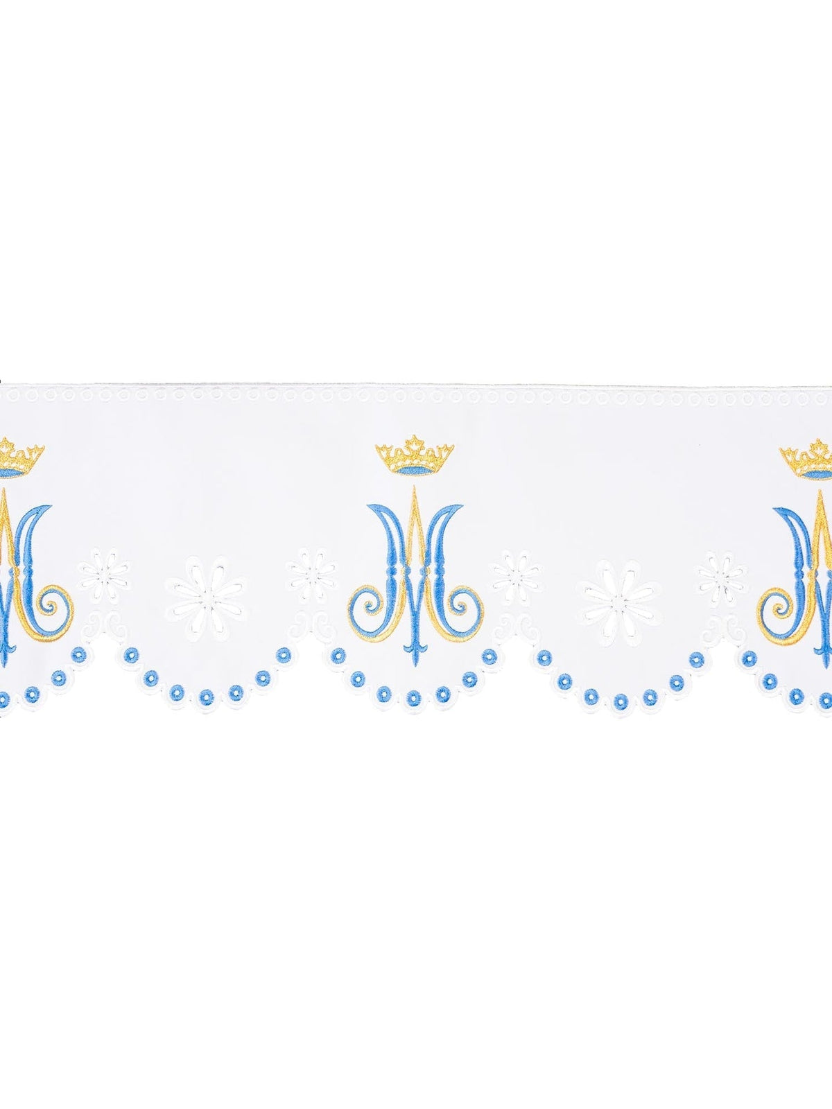 Meter mit Frontalstickerei mit Marienmotiv, weiß mit blau-goldener Stickerei und Blumenbordüre