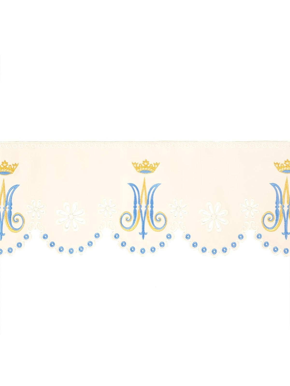 Meter mit Frontalstickerei mit Marienmotiv, cremefarben mit blau-goldener Stickerei und Kronenmotiv