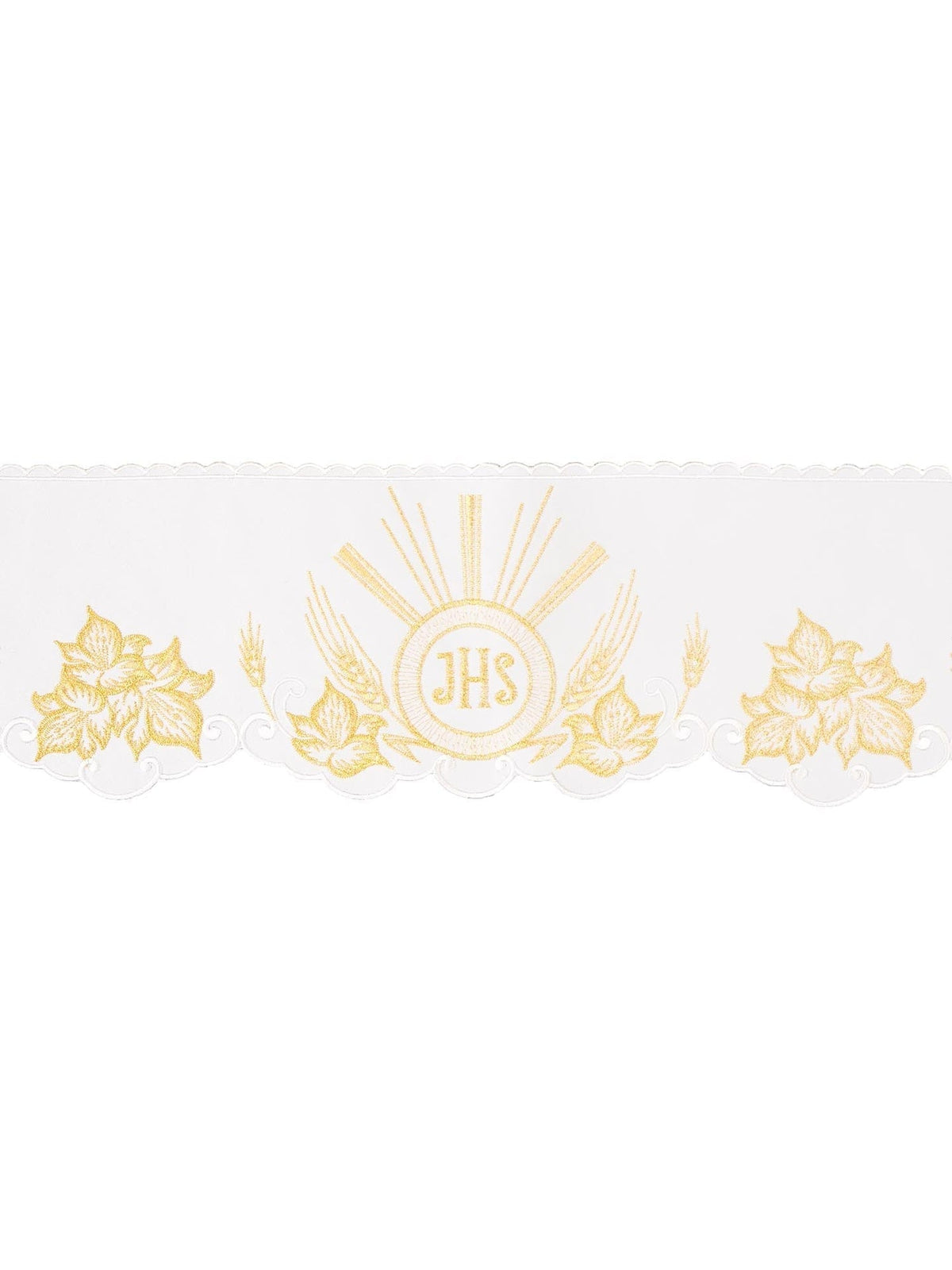 Meter mit Frontstickerei IHS Weiß, Gesamtansicht mit goldener IHS-Stickerei und floralen Motiven