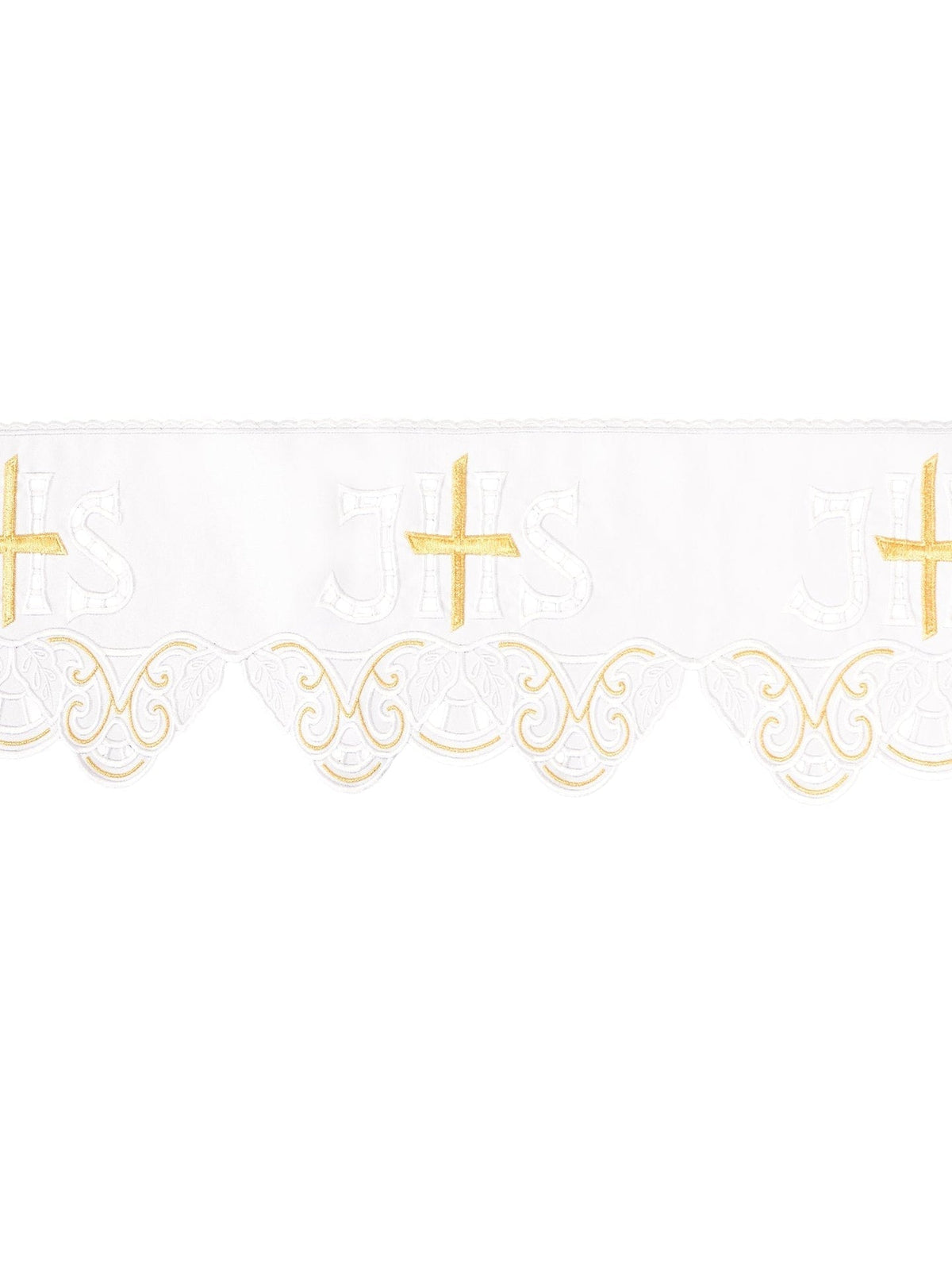 Meter mit Frontalstickerei IHS Cross Weiß, Detailansicht mit weißer IHS-Stickerei und goldfarbenem Kreuz