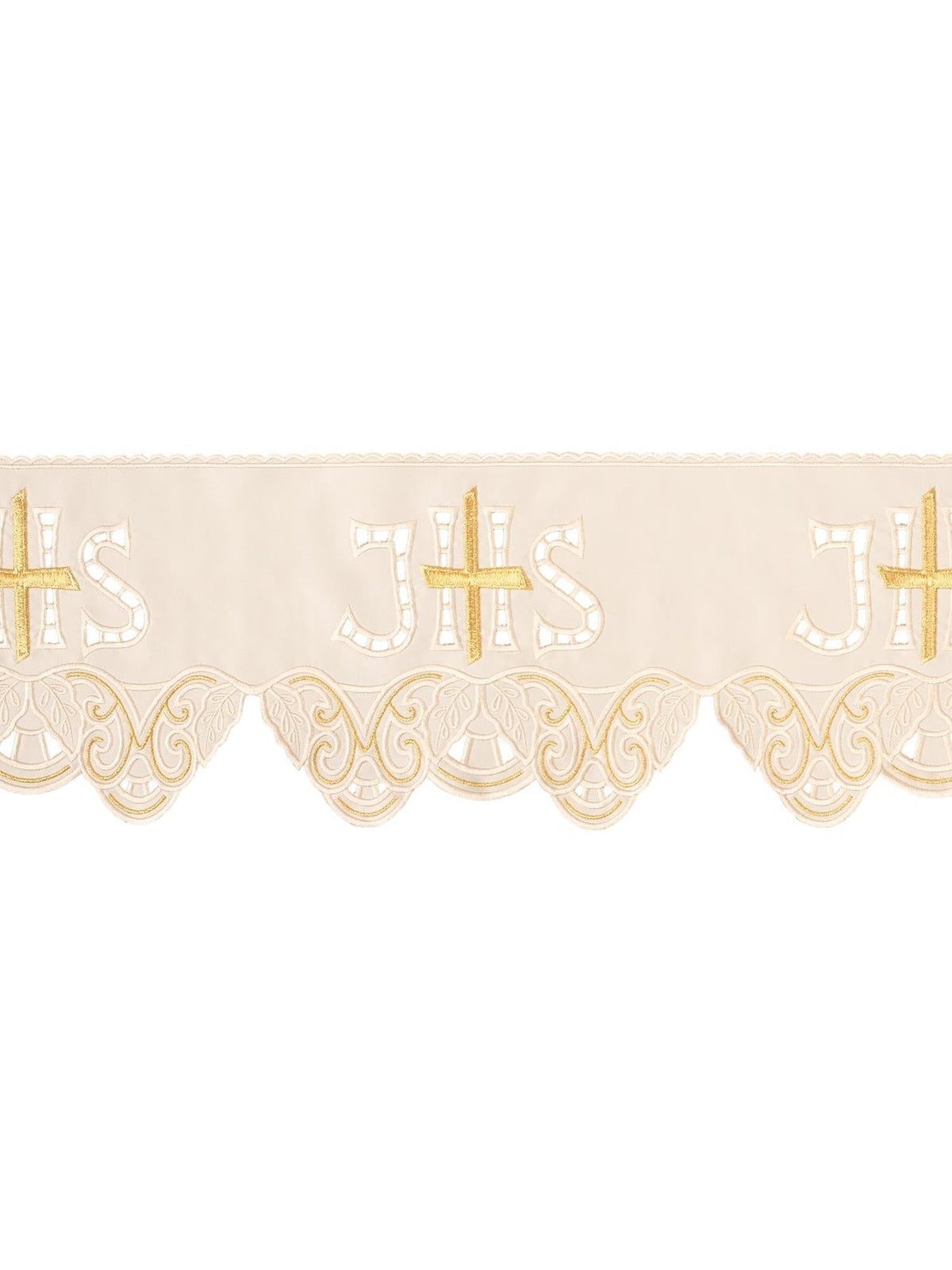 Meterware mit Frontalstickerei IHS Cross Ecru mit goldener IHS-Kreuz-Stickerei und Spitzenbordüre