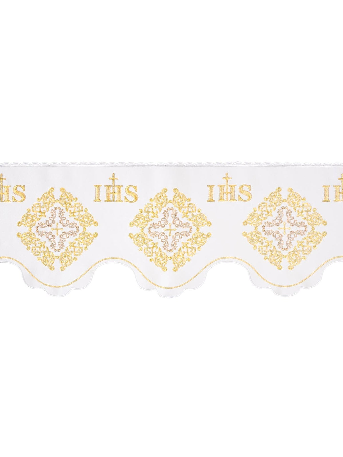 Meter mit Frontalstickerei IHS-Kreuz und Rosette Weiß, Vorderansicht mit goldener Stickerei und geschwungenem Saum