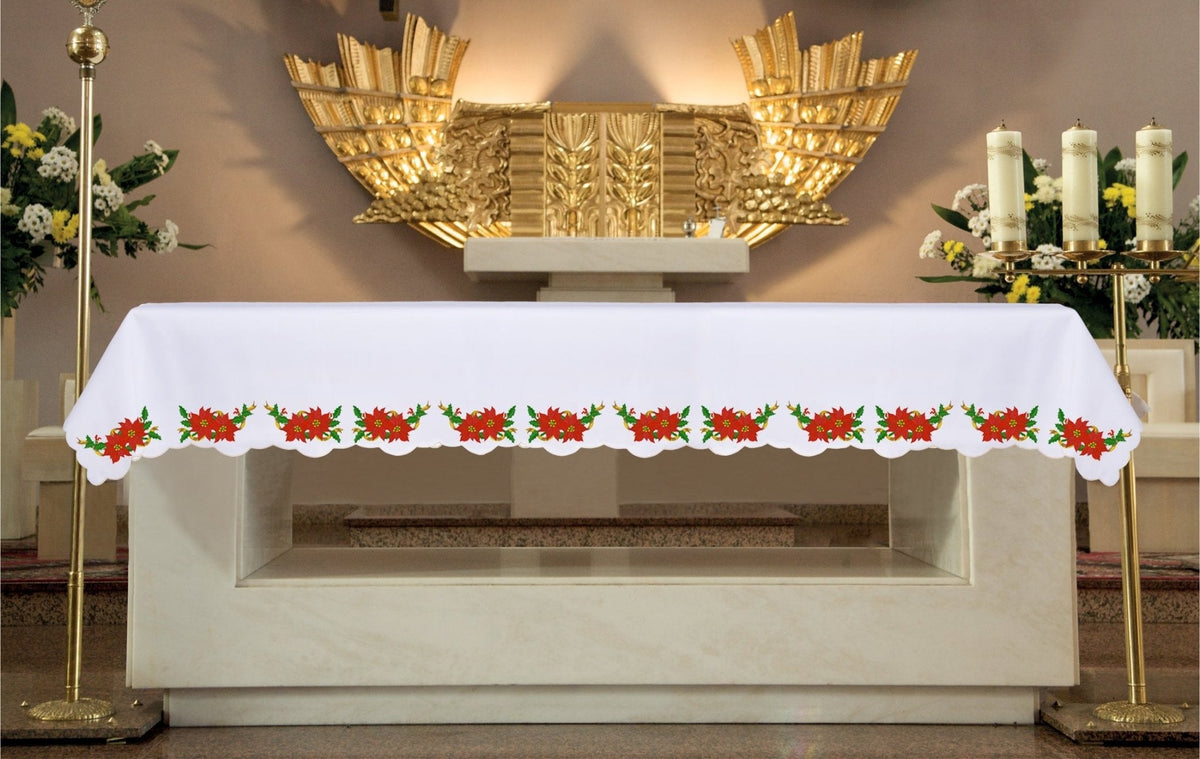 Altartischdecke mit Stickerei des Sterns von Bethlehem für Weihnachten, weiß mit roter Weihnachtssternbordüre