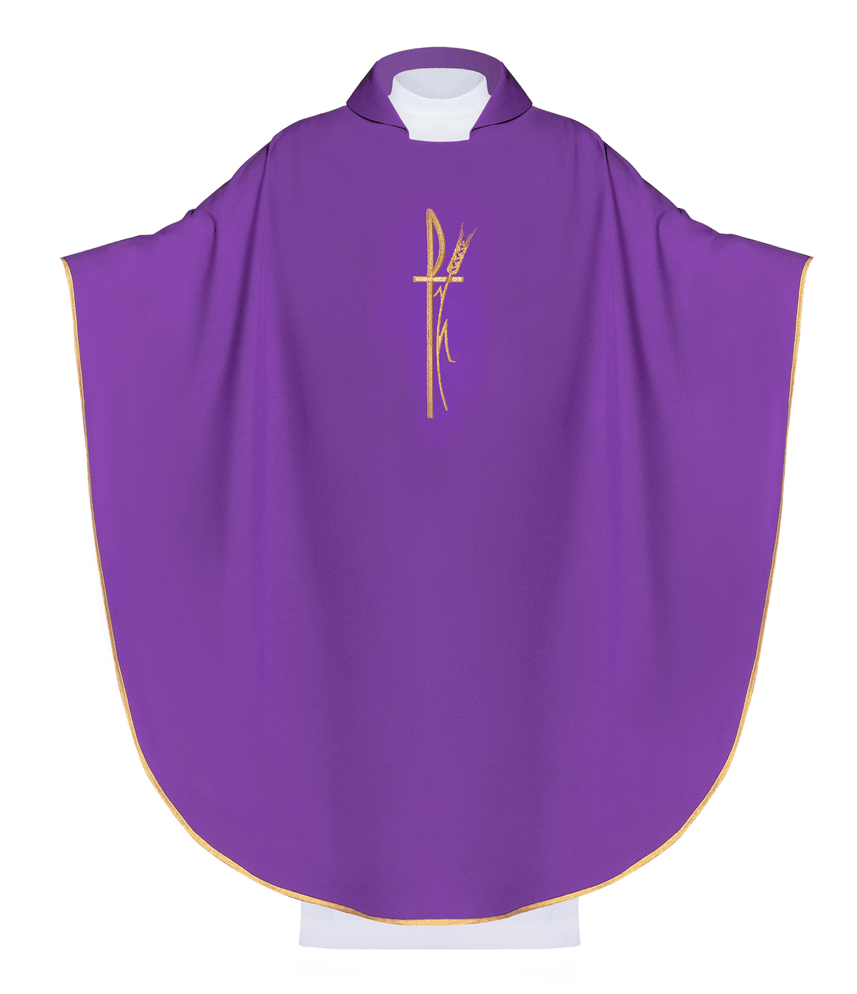 Lila liturgisches Messgewand mit breitem Kragen und zart besticktem Kreuz, Vorderansicht