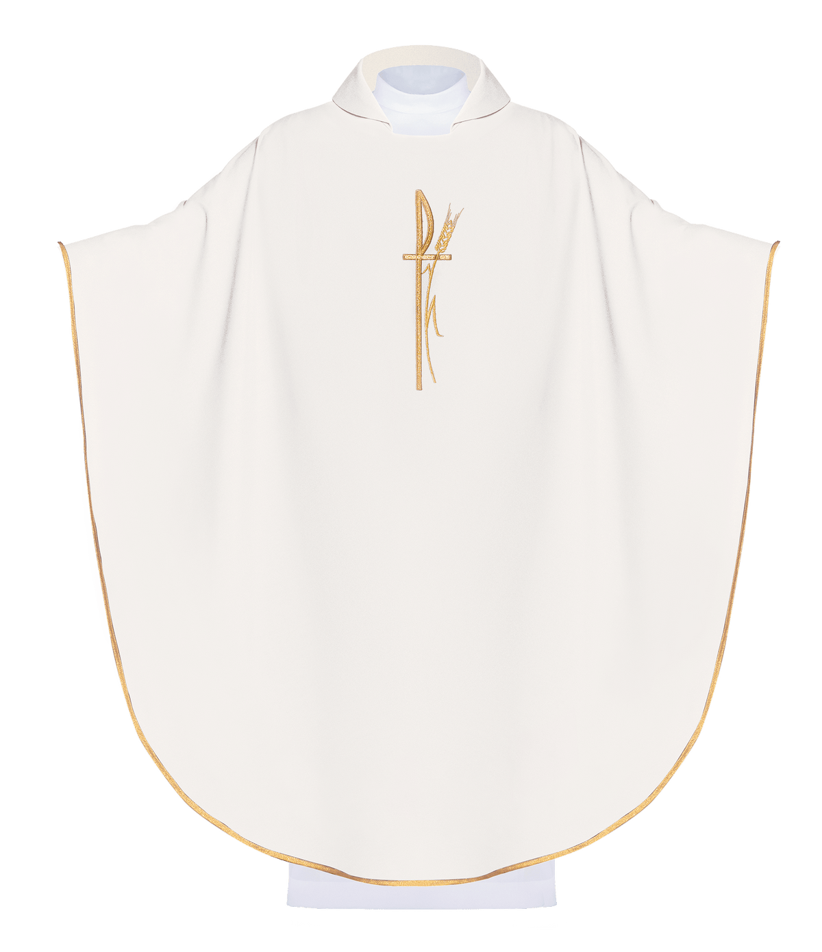 Liturgisches Messgewand in Ecru mit breitem Kragen und zart besticktem Kreuz, Vorderansicht