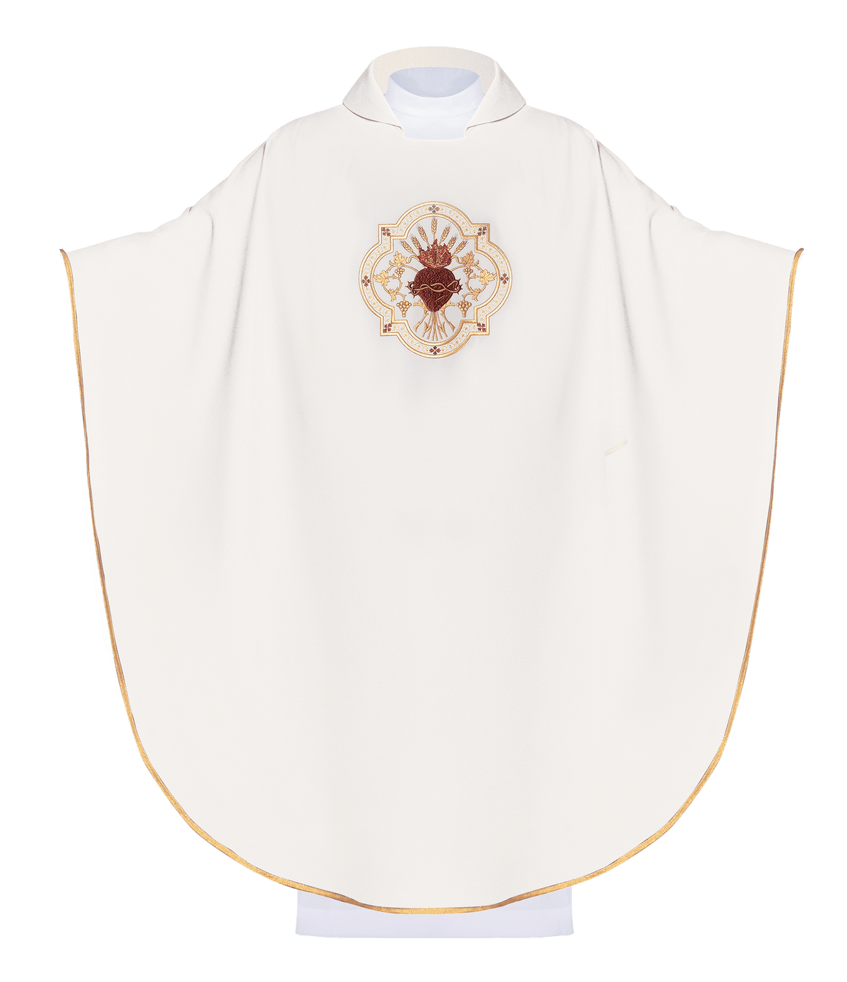 Messgewand mit breitem Kragen mit gesticktem NSPJ und eucharistischem Kelch, Vorderansicht in Ecru