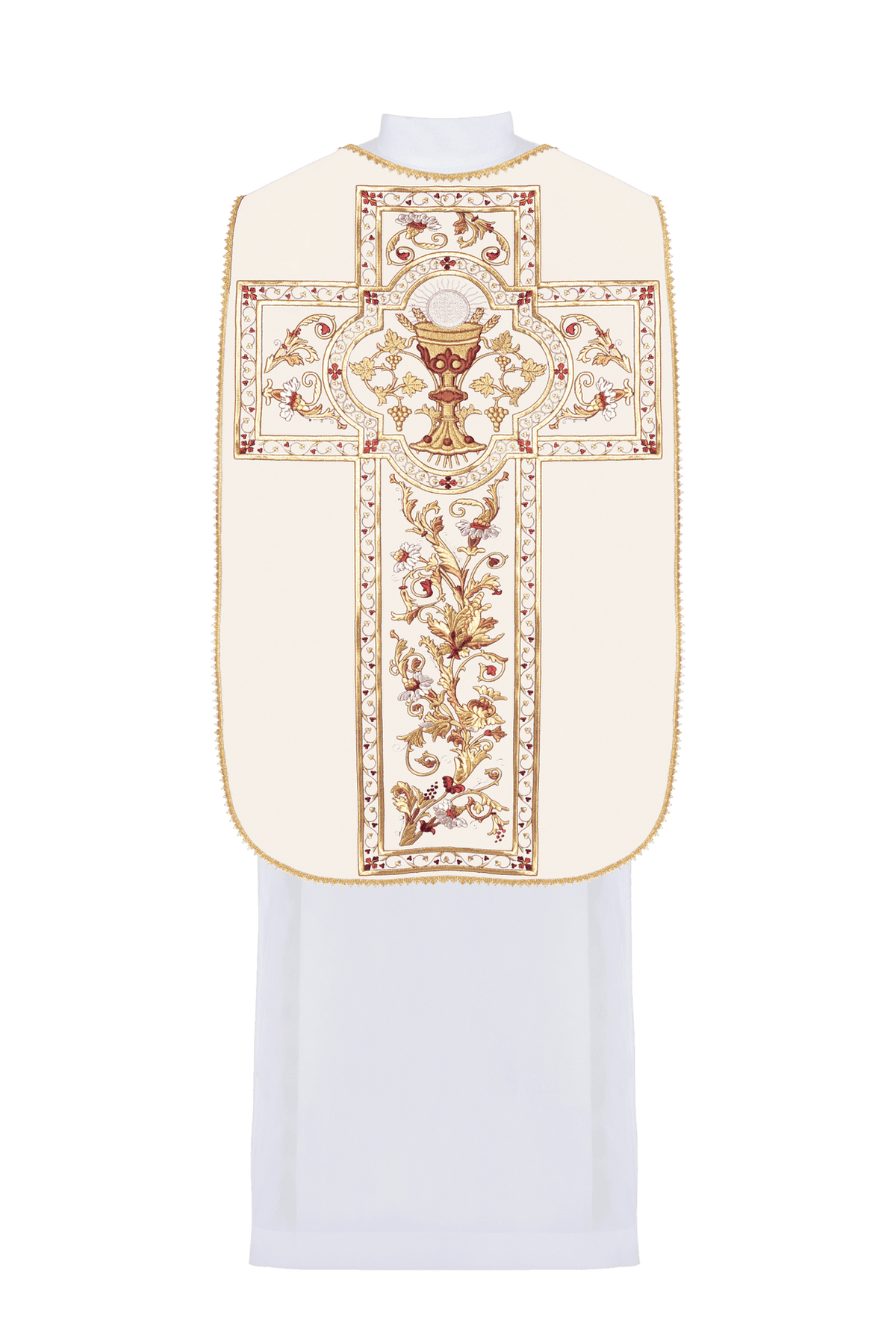 Messgewand, Rückansicht mit gesticktem Kelchmotiv und floralem Kreuz