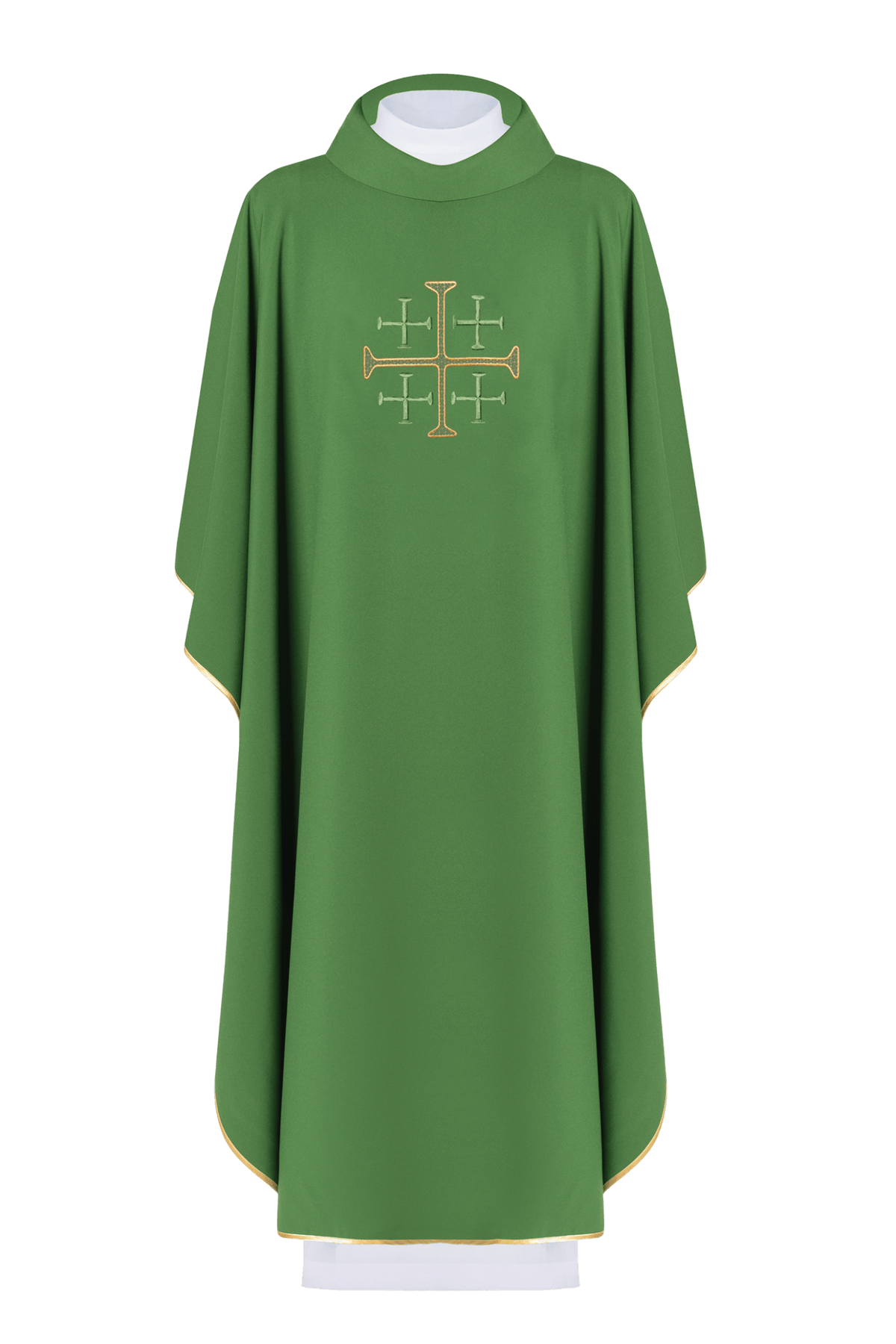 Gesticktes Messgewand Jerusalem Kreuz Grün, Vorderansicht mit goldenem Jerusalemkreuz und goldener Borte