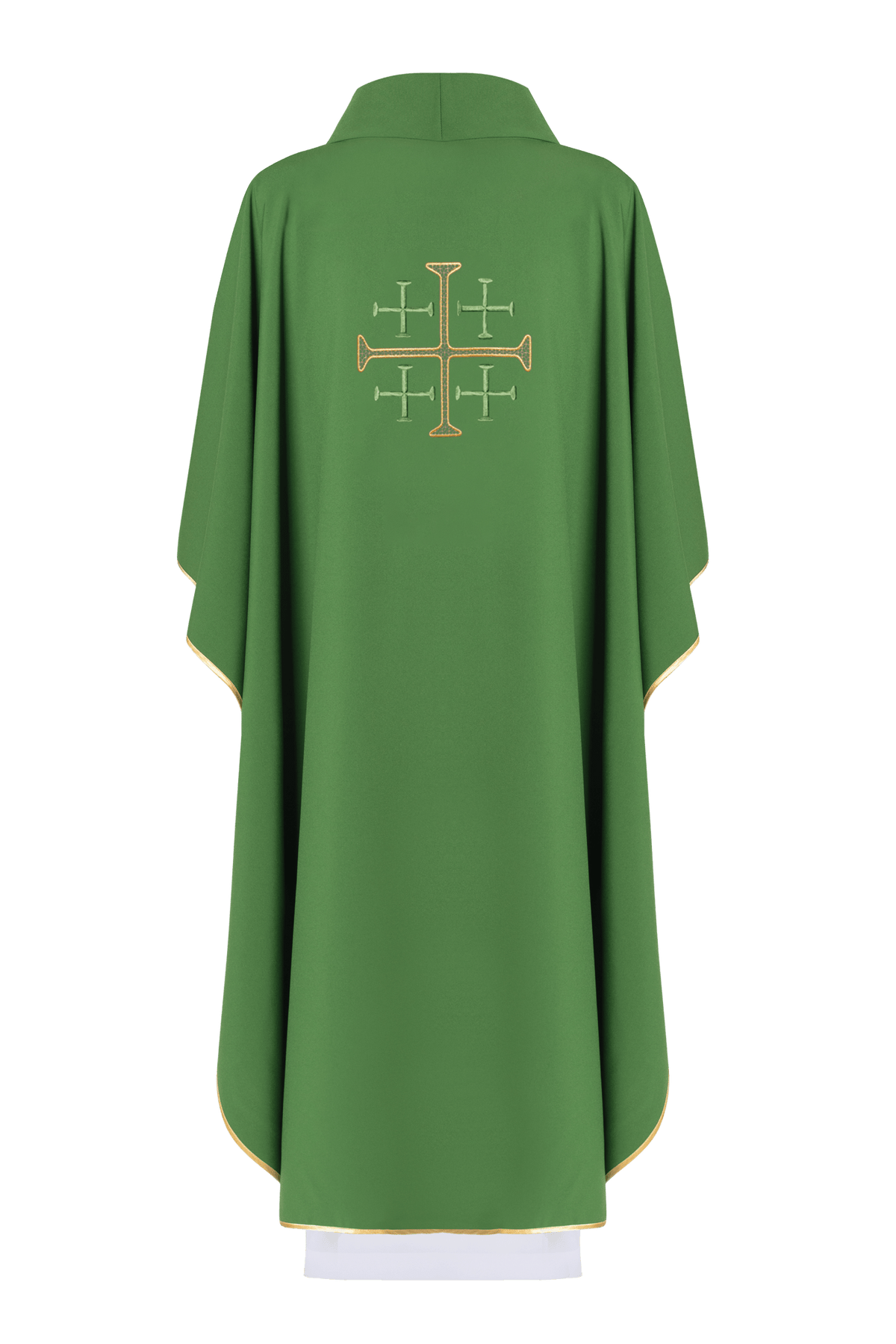 Grünes Messgewand, Rückansicht mit gesticktem Jerusalemkreuz und goldener Saumborte