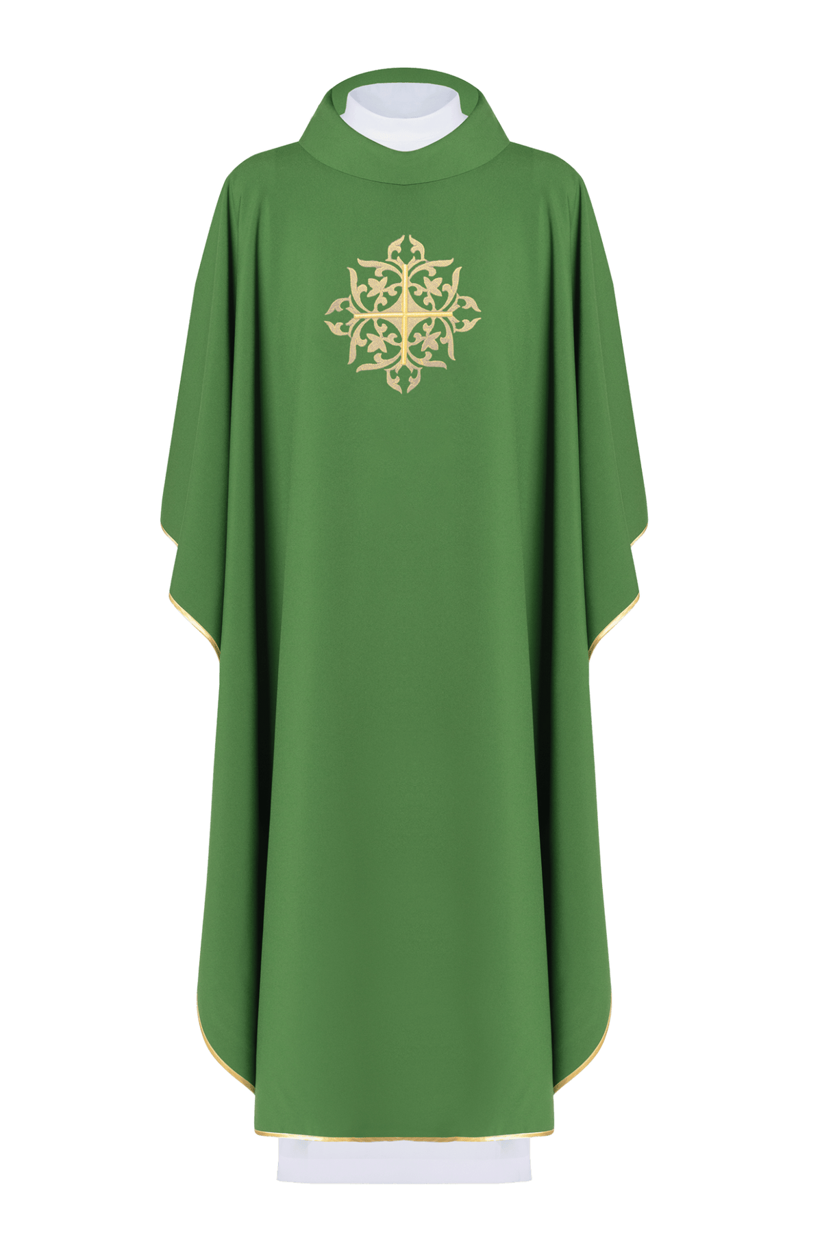 Gesticktes Messgewand Grünes Kreuz Ornamental Gold, grüne Vorderansicht mit goldenem Kreuzornament und Goldsaum
