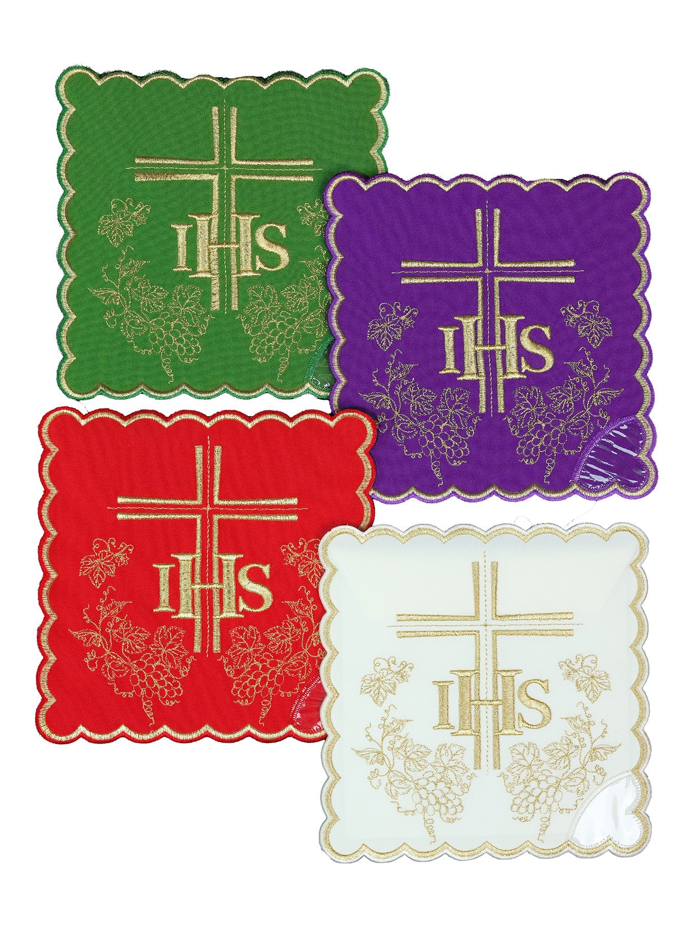 Set von Kelchpallen mit IHS-Symbol in vier liturgischen Farben