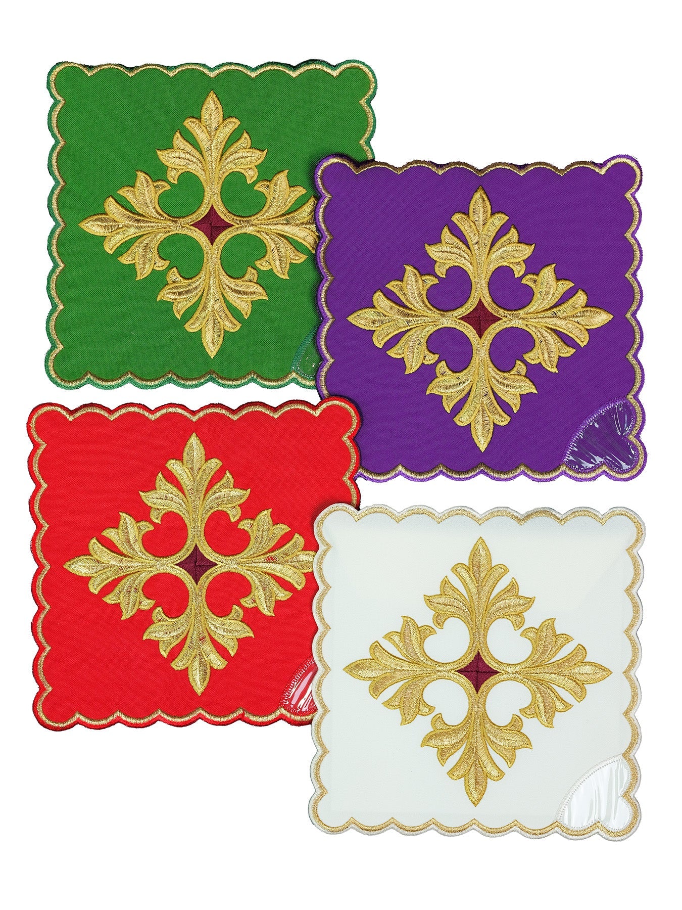 Set von Kelchpallen mit Kreuzsymbol in vier liturgischen Farben