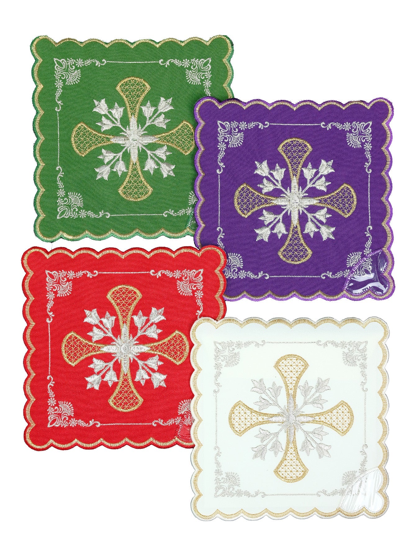Set von Kelchpallen mit Kreuzsymbol in vier liturgischen Farben