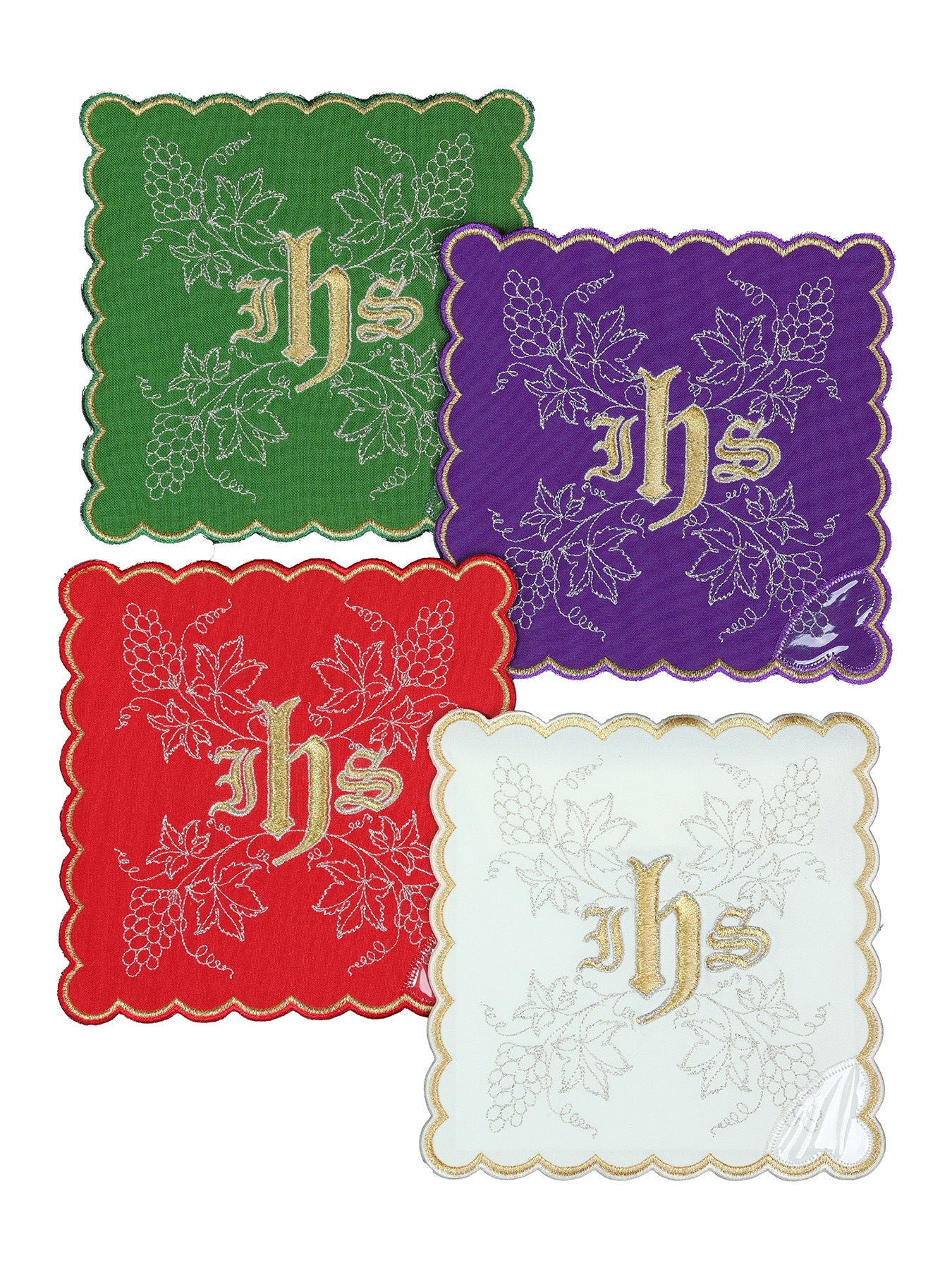 Set von Kelchpallen mit IHS-Symbol in vier liturgischen Farben