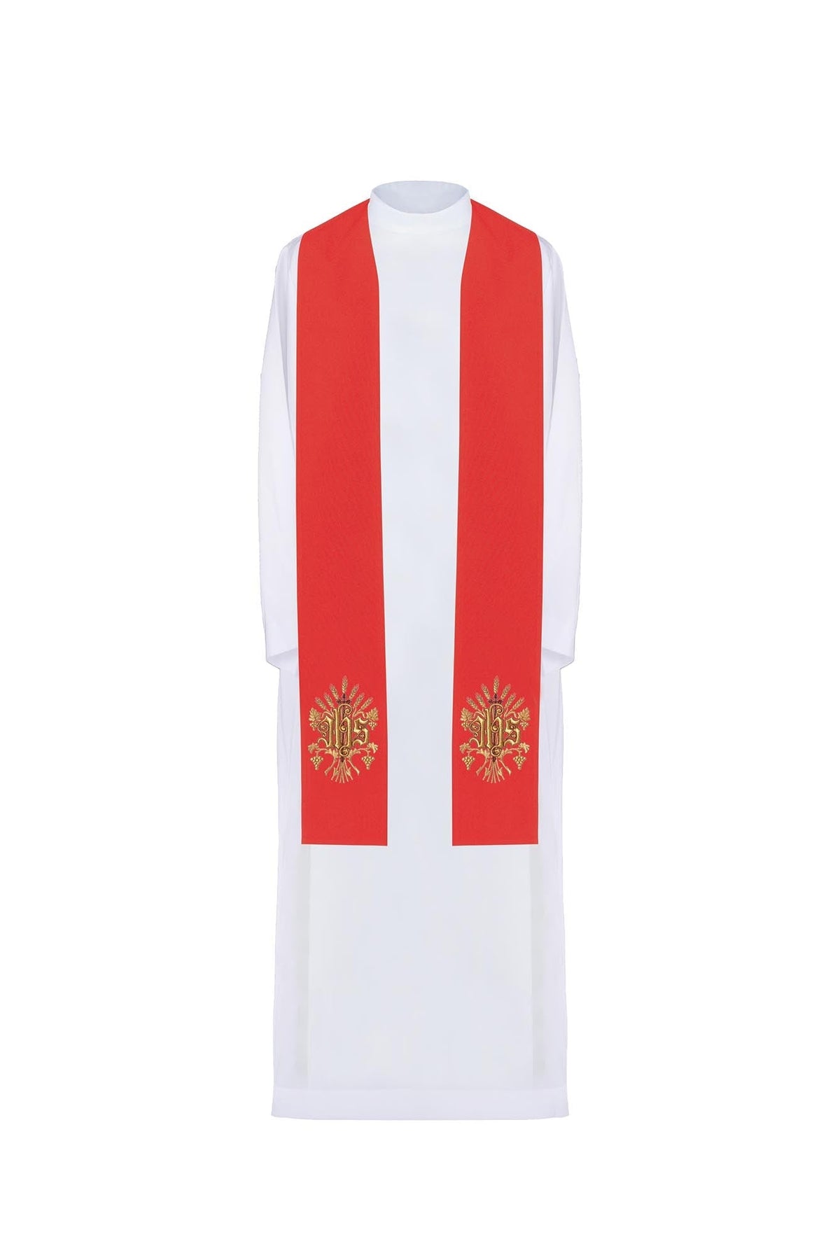 Bestickte Priesterstola IHS Rot, Vorderansicht mit goldener IHS-Stickerei an beiden Enden