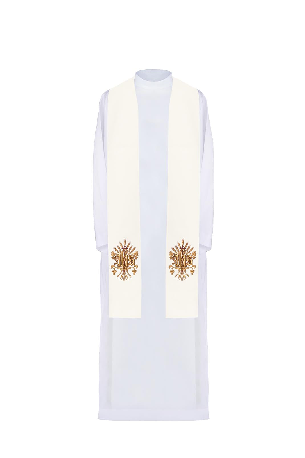 Priesterstola mit IHS-Stickerei, Vorderansicht in Ecru mit goldfarbener Stickerei an beiden Enden