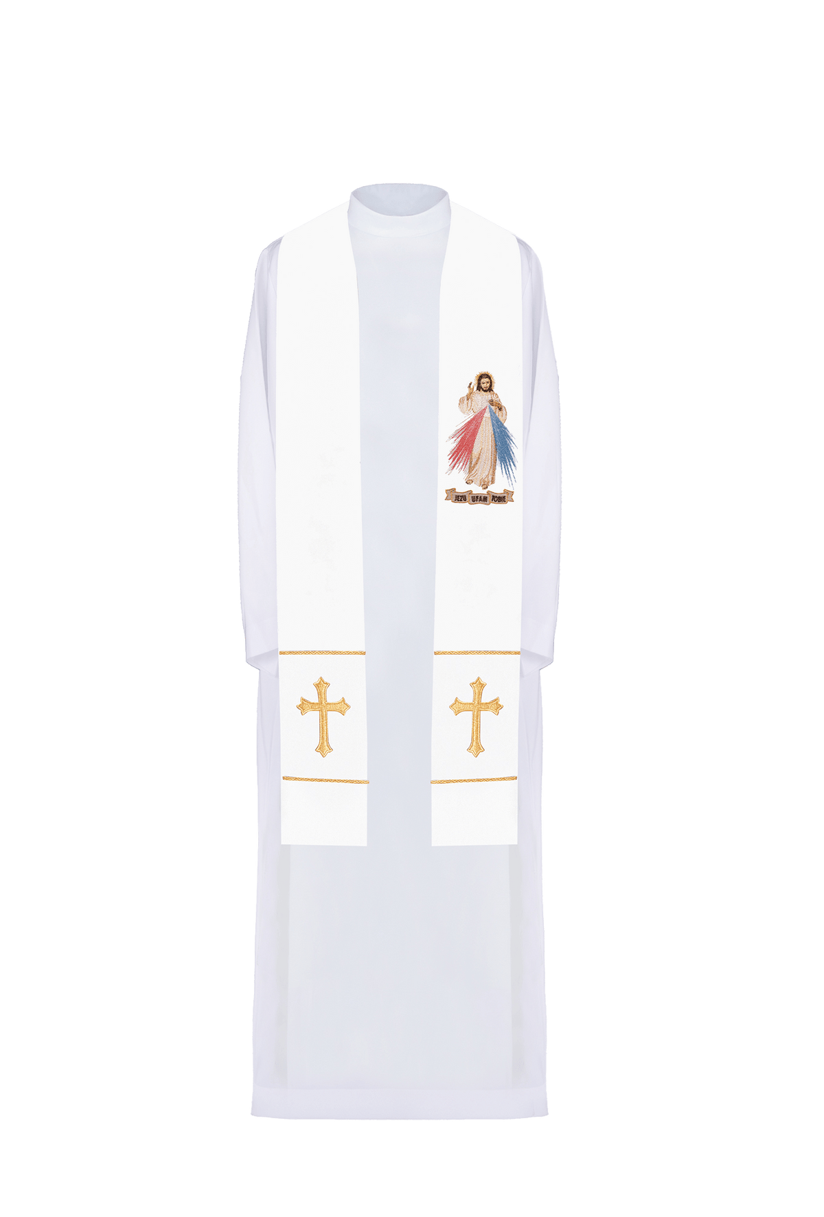 Stola des Kaplans weiß Jesus der Barmherzige, Vorderansicht mit Jesusstickerei und goldenen Kreuzen