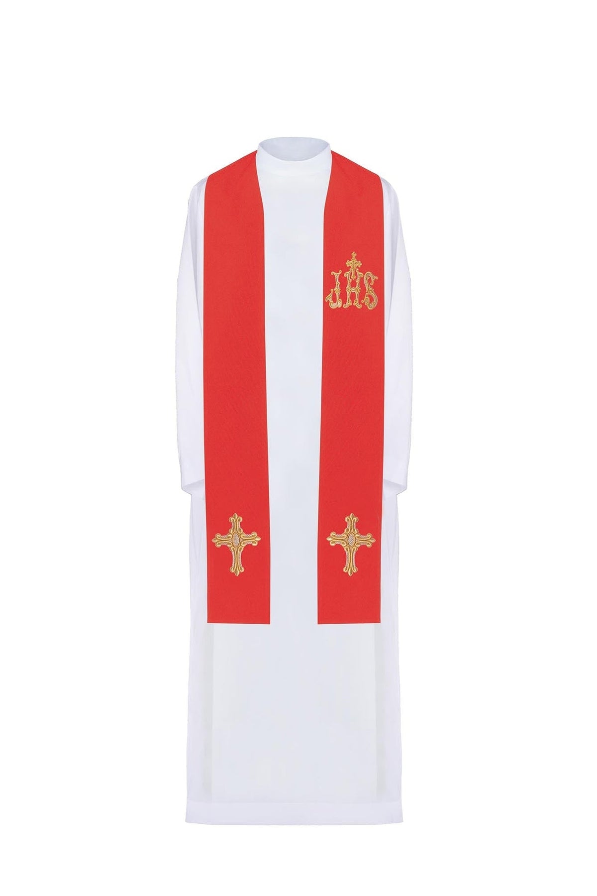 Rote bestickte Priesterstola mit Kreuz und IHS, Vorderansicht mit zwei Kreuzen und IHS-Stickerei