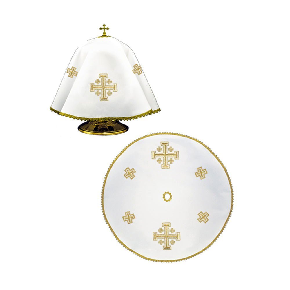 Runder Lametta-Schleier mit klassischer Goldstickerei, Vorder- und Draufsicht mit Kreuzen und Goldrand