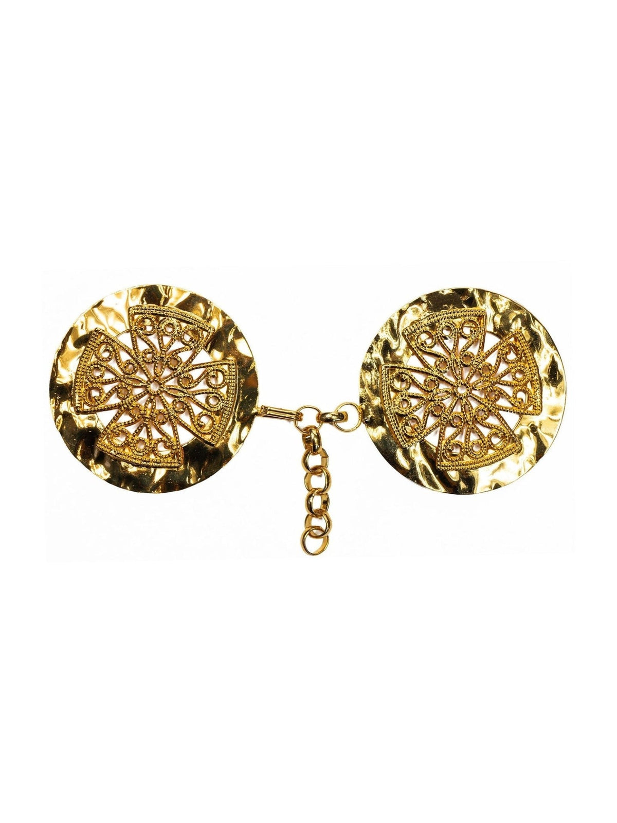 Goldene Umhang- und Schleierspange mit Kreuzsymbol, Vorderansicht mit ornamentalen Kreuzmotiven