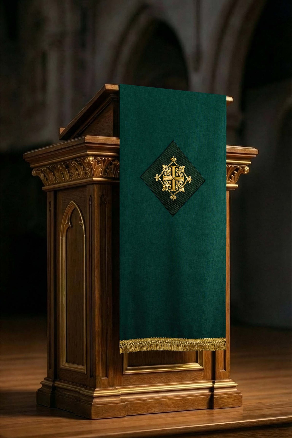 Grünes Antependium mit gesticktem Kreuzmotiv, frontal mit goldener Fransenborte
