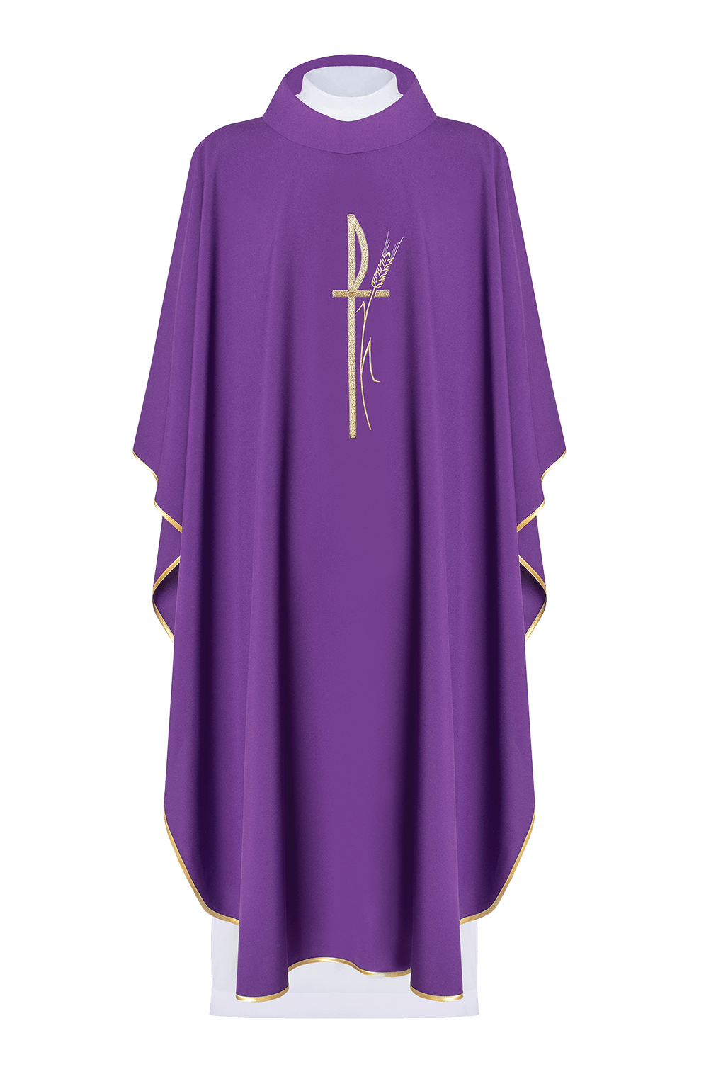 Lila liturgisches Messgewand mit breitem Kragen und zart besticktem Kreuz - MESSGEWANDER.DE
