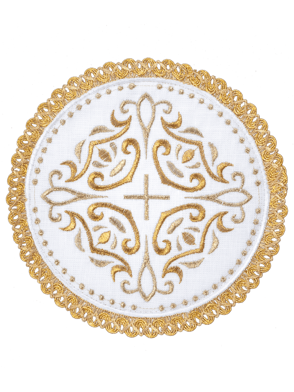 Lniany komplet kielichowy z motywem krzyża na okrągłej palce otoczony bogatym haftem