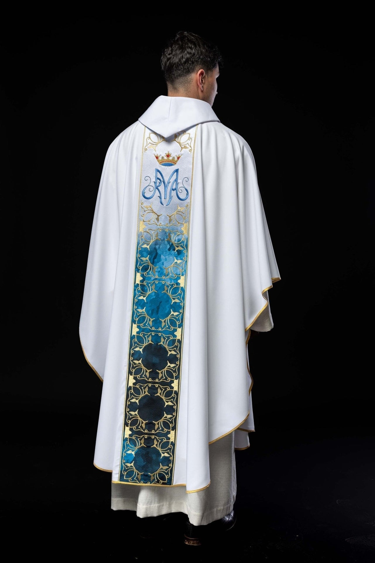 Marianisches liturgisches Messgewand mit besticktem und sublimiertem Gürtel - MESSGEWANDER.DE