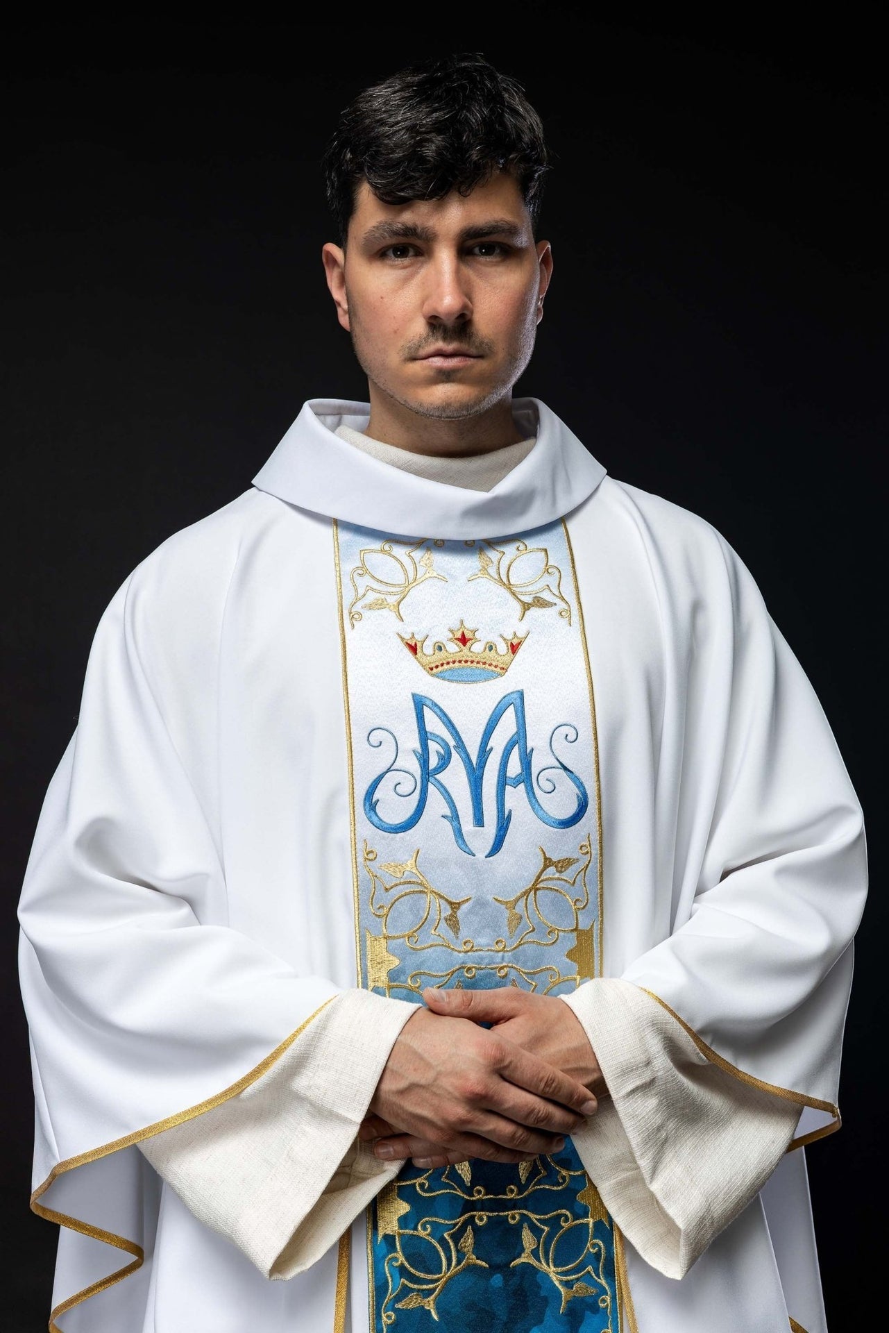 Marianisches liturgisches Messgewand mit besticktem und sublimiertem Gürtel - MESSGEWANDER.DE