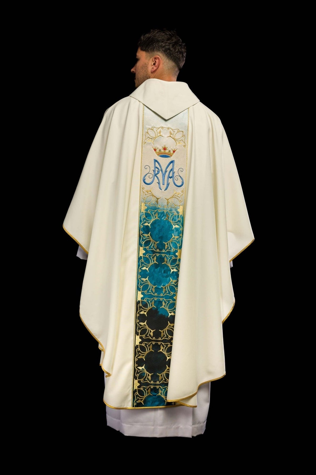 Marianisches liturgisches Messgewand mit ecrufarbenem besticktem und sublimiertem Gürtel - MESSGEWANDER.DE