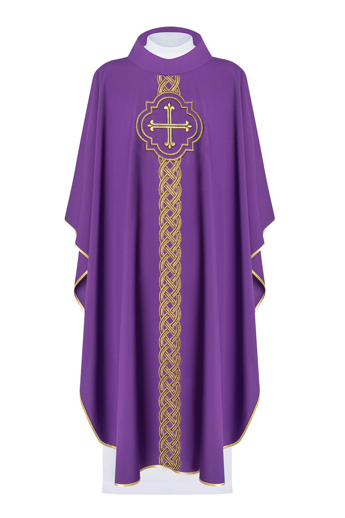 Gesticktes violettes Messgewand mit Kreuz und Ornamenten