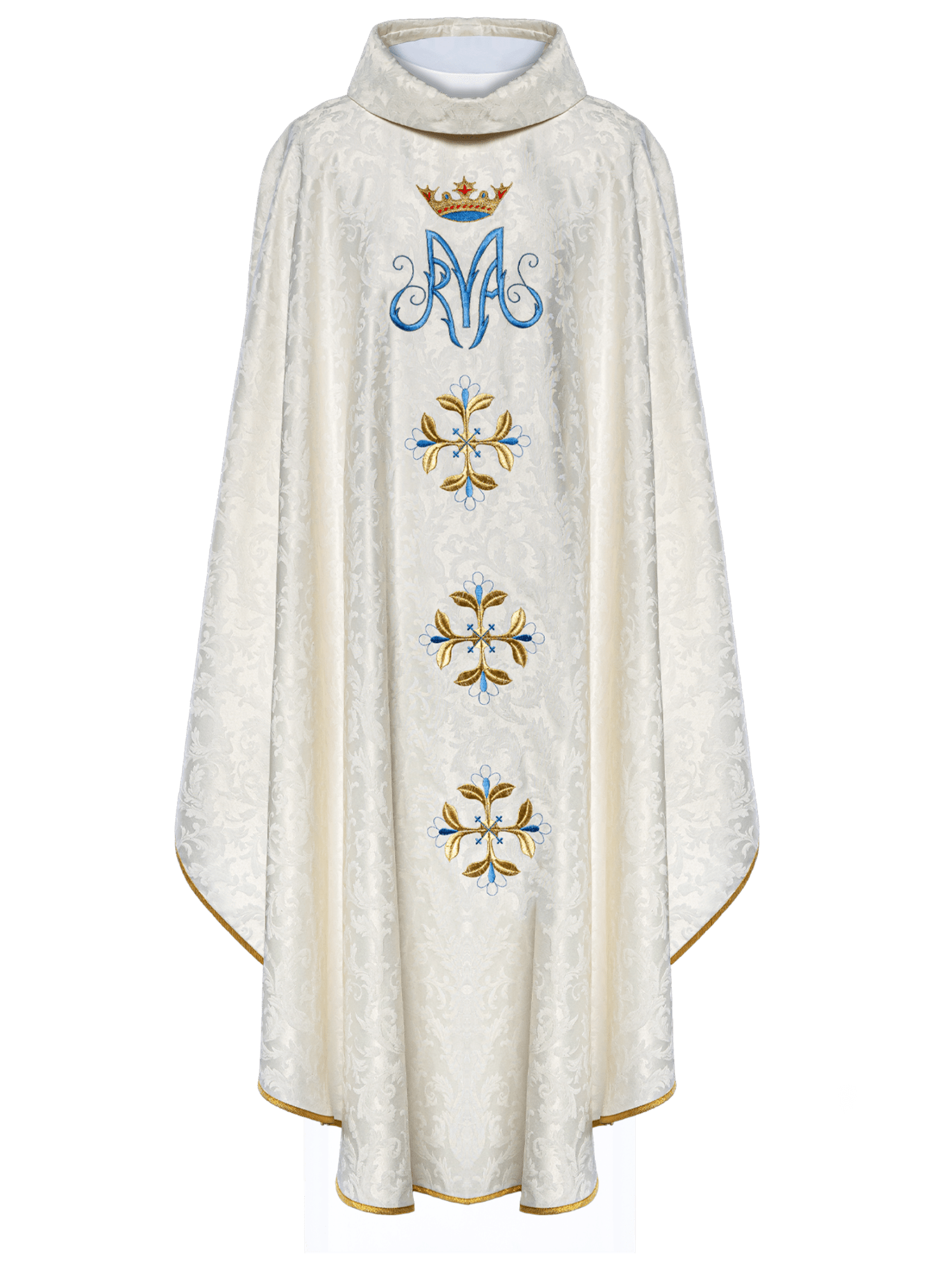 Bestickte Kasel mit marianischem Motiv aus ecrufarbenem Jacquardstoff