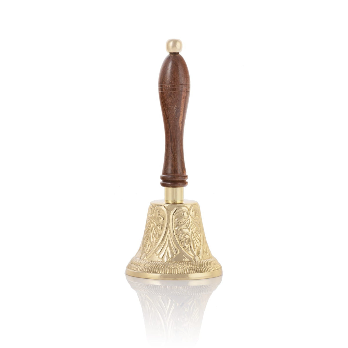 Glocke – Messing – Holzgriff mit floral verziertem Messingkörper und braunem Holzgriff