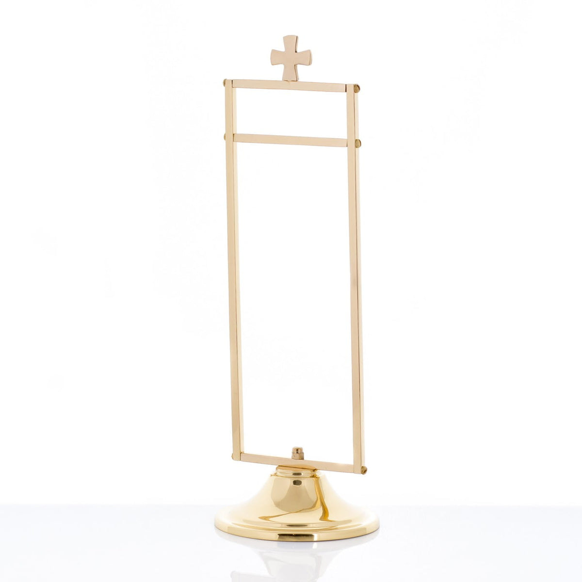 Halter für das Purifikatorium – 30 cm – Messing, frontal mit Kreuz und rechteckigem Rahmen