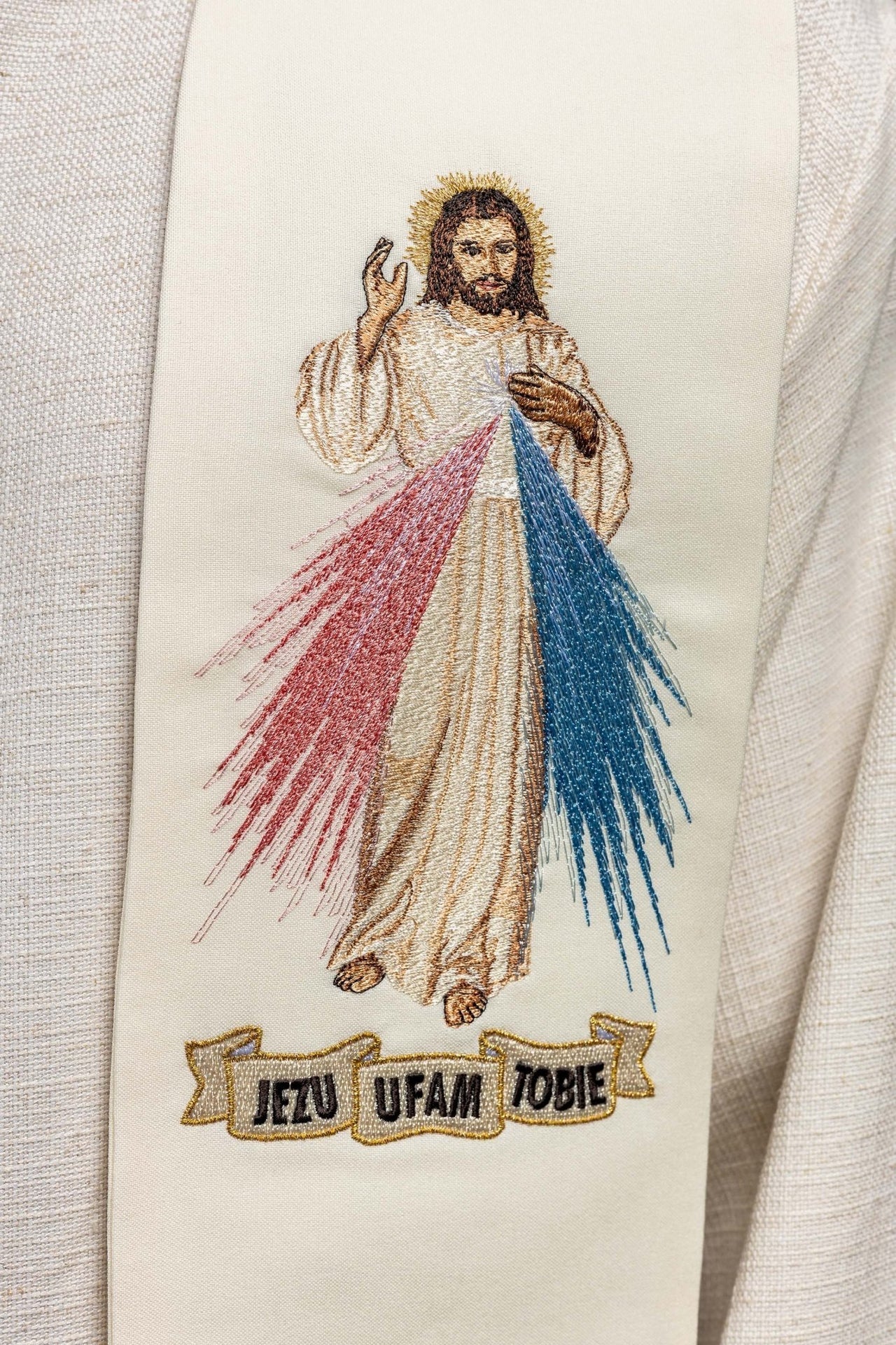 Priesterliche Stola Barmherziger Jesus, Jesus ich vertraue auf dich ecru - MESSGEWANDER.DE
