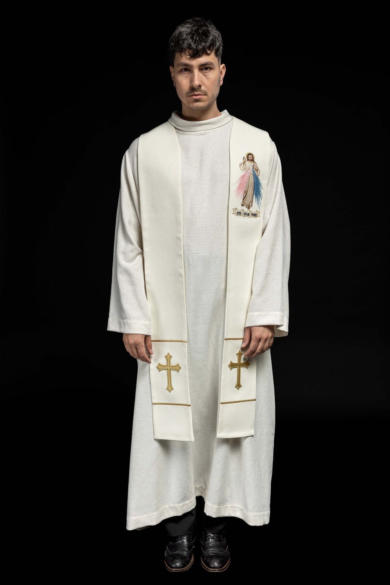 Priesterliche Stola Barmherziger Jesus, Jesus ich vertraue auf dich ecru - MESSGEWANDER.DE