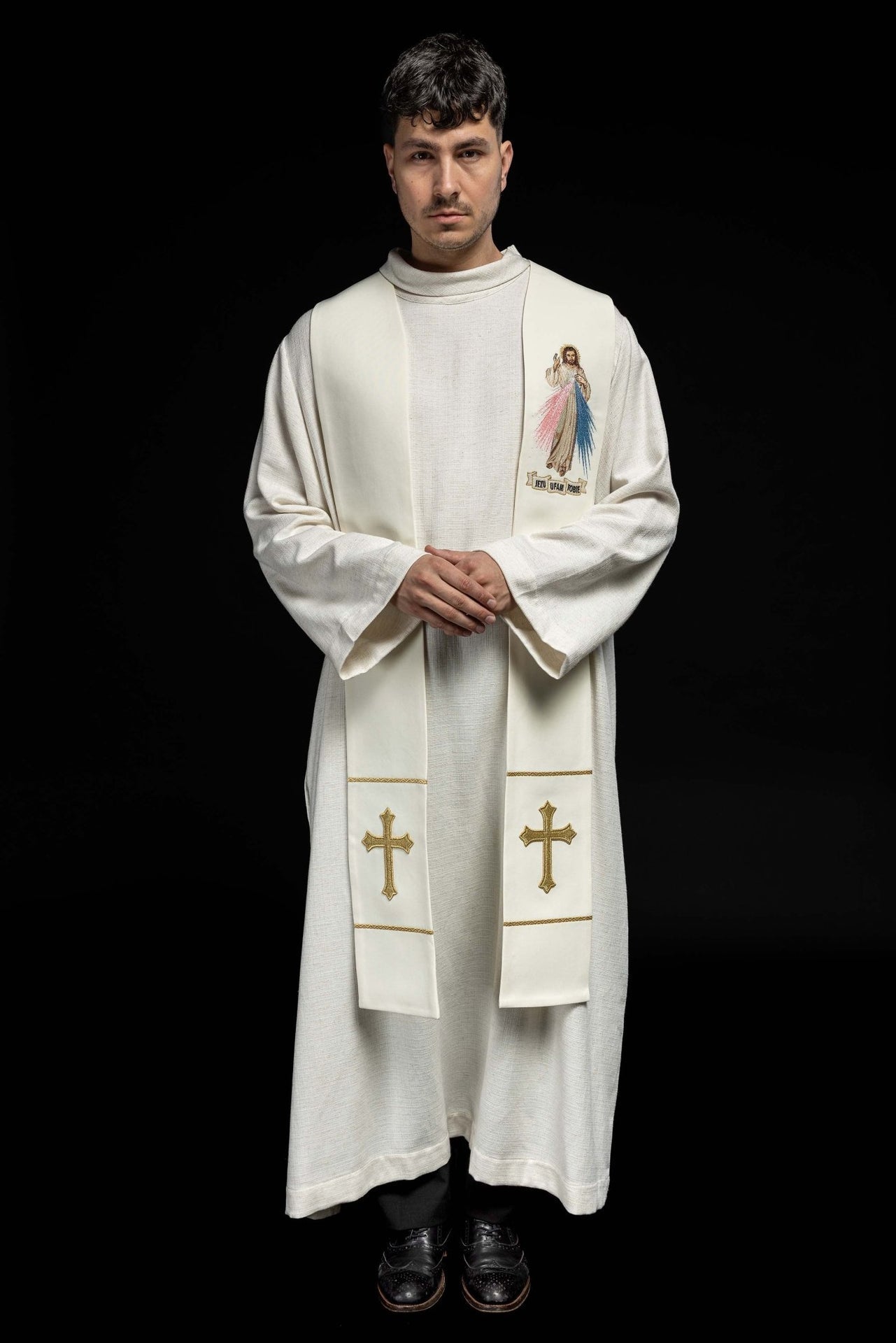 Priesterliche Stola Barmherziger Jesus, Jesus ich vertraue auf dich ecru - MESSGEWANDER.DE
