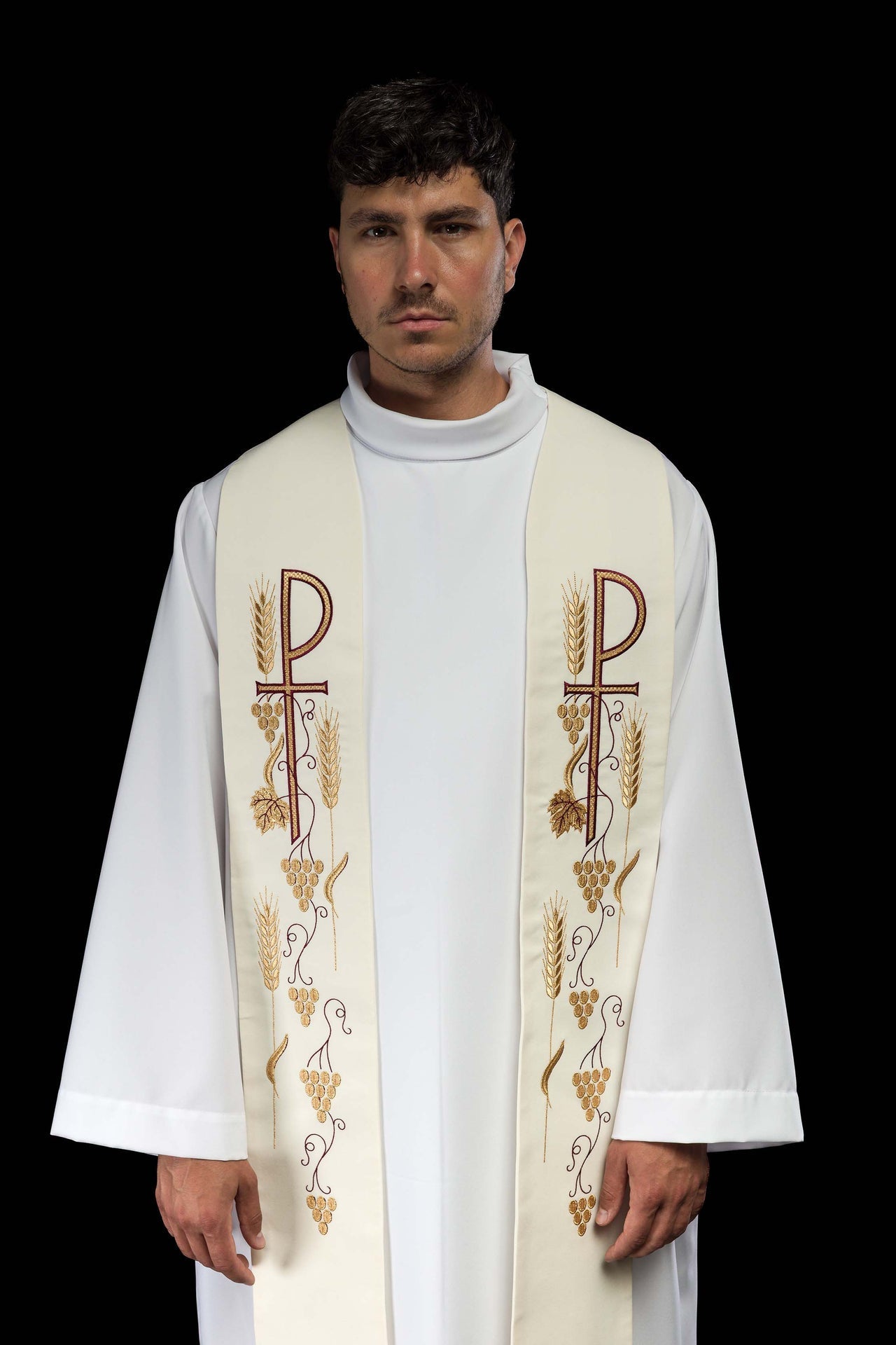 Priesterstola besticktes Kreuz mit Trauben ecru - MESSGEWANDER.DE